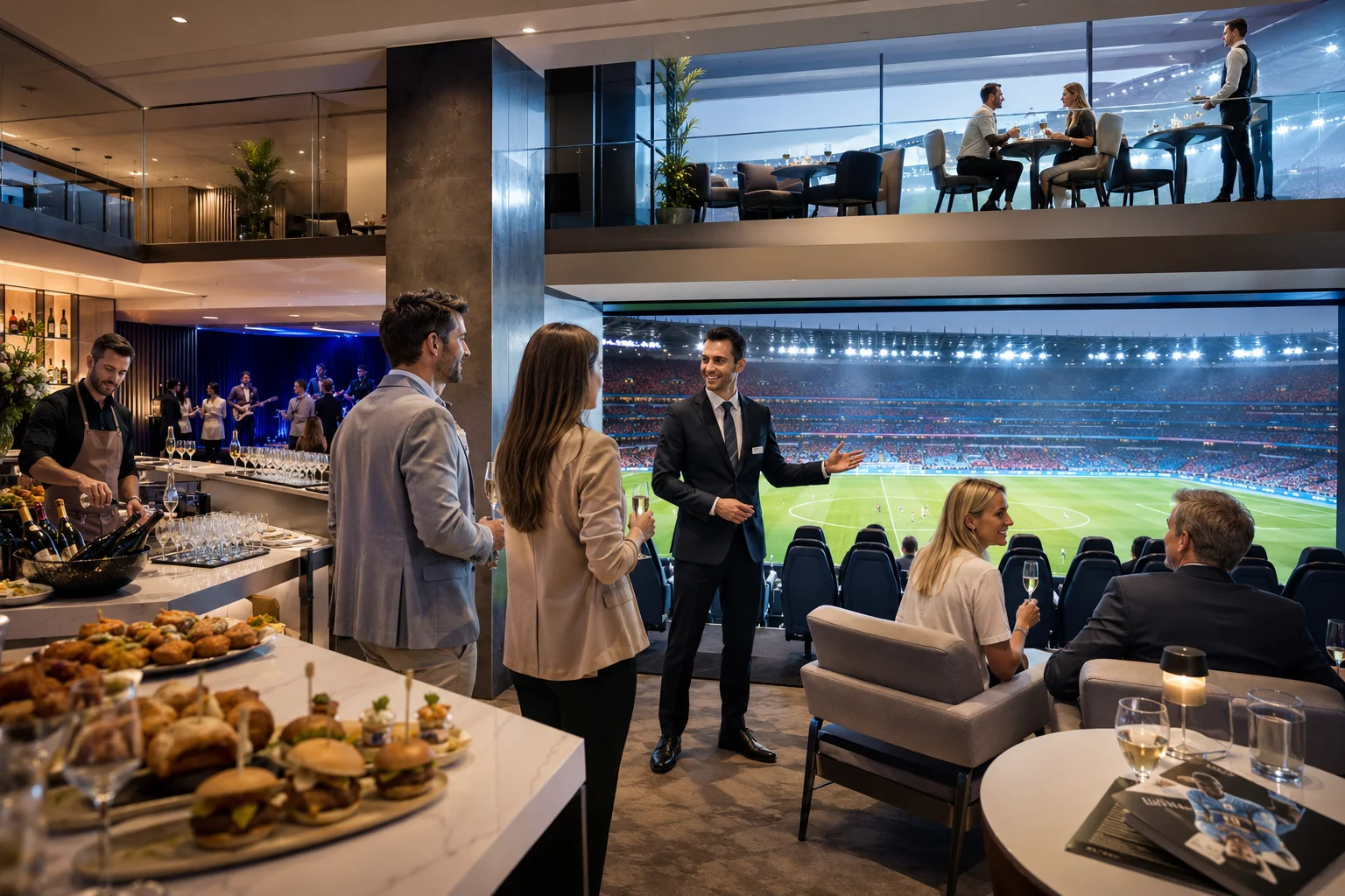 A multi-tier comparison graphic outlining four Premier League hospitality tiers: Entry Lounge, Dining Lounge, Flagship Restaurant, and Private Box, showing seating views, dining options, and target audience recommendations for each.