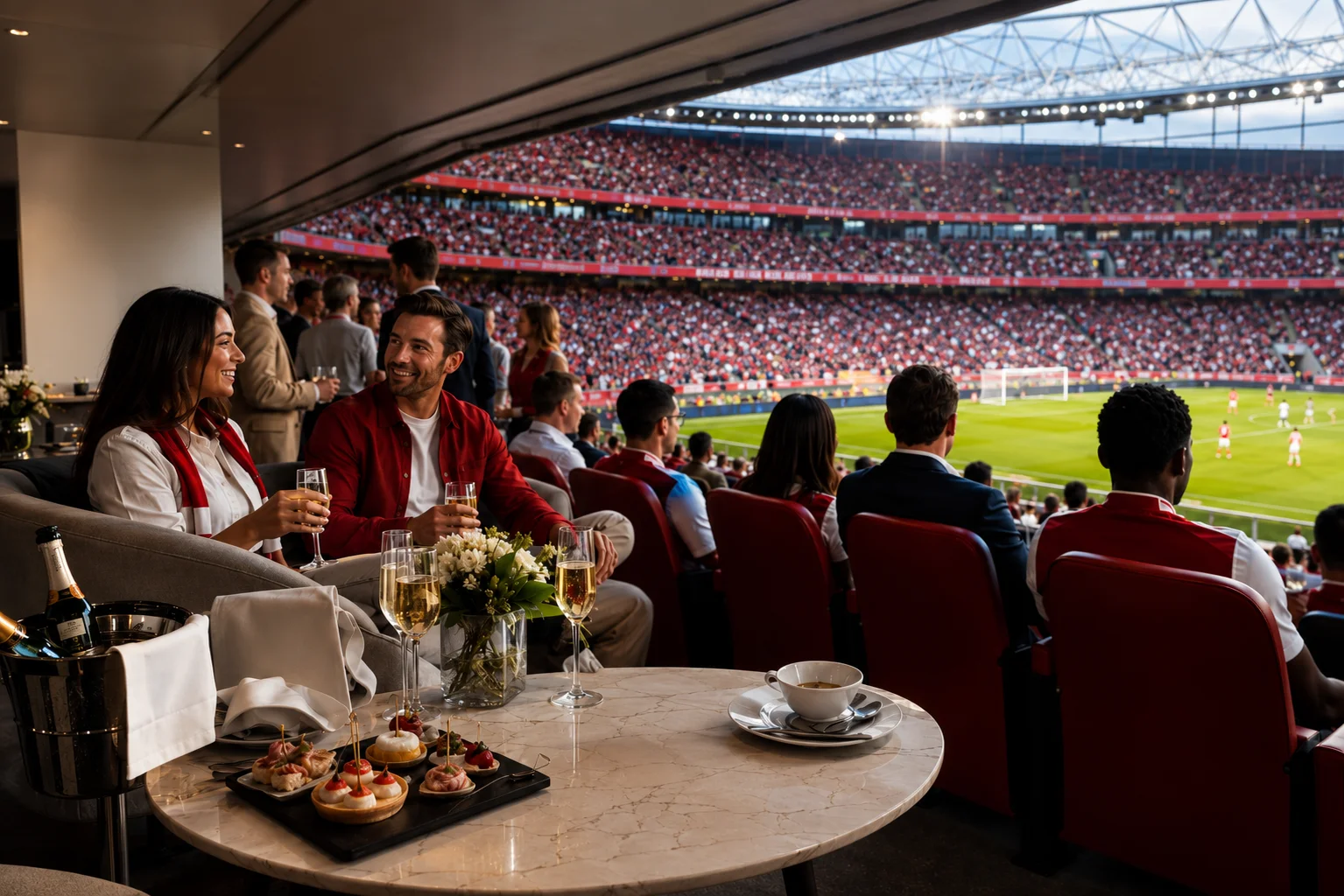 Premium padded seats with personal dining tables, gourmet meals, and wine at Tottenham Hotspur Stadium, offering panoramic views of the pitch and crowd during a matchday.