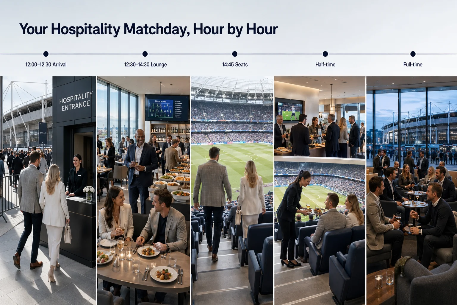 A step-by-step matchday timeline infographic showing the VIP hospitality experience from arrival at the stadium entrance through pre-match lounge dining, taking seats for kickoff, half-time refreshments, and full-time post-match drinks.