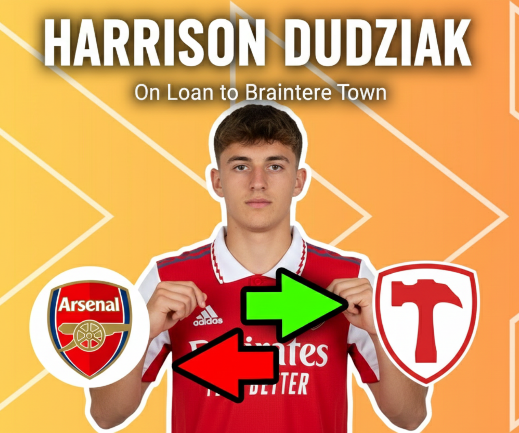 football player Harrison Dudziak in an Arsenal kit, joining Braintree Town