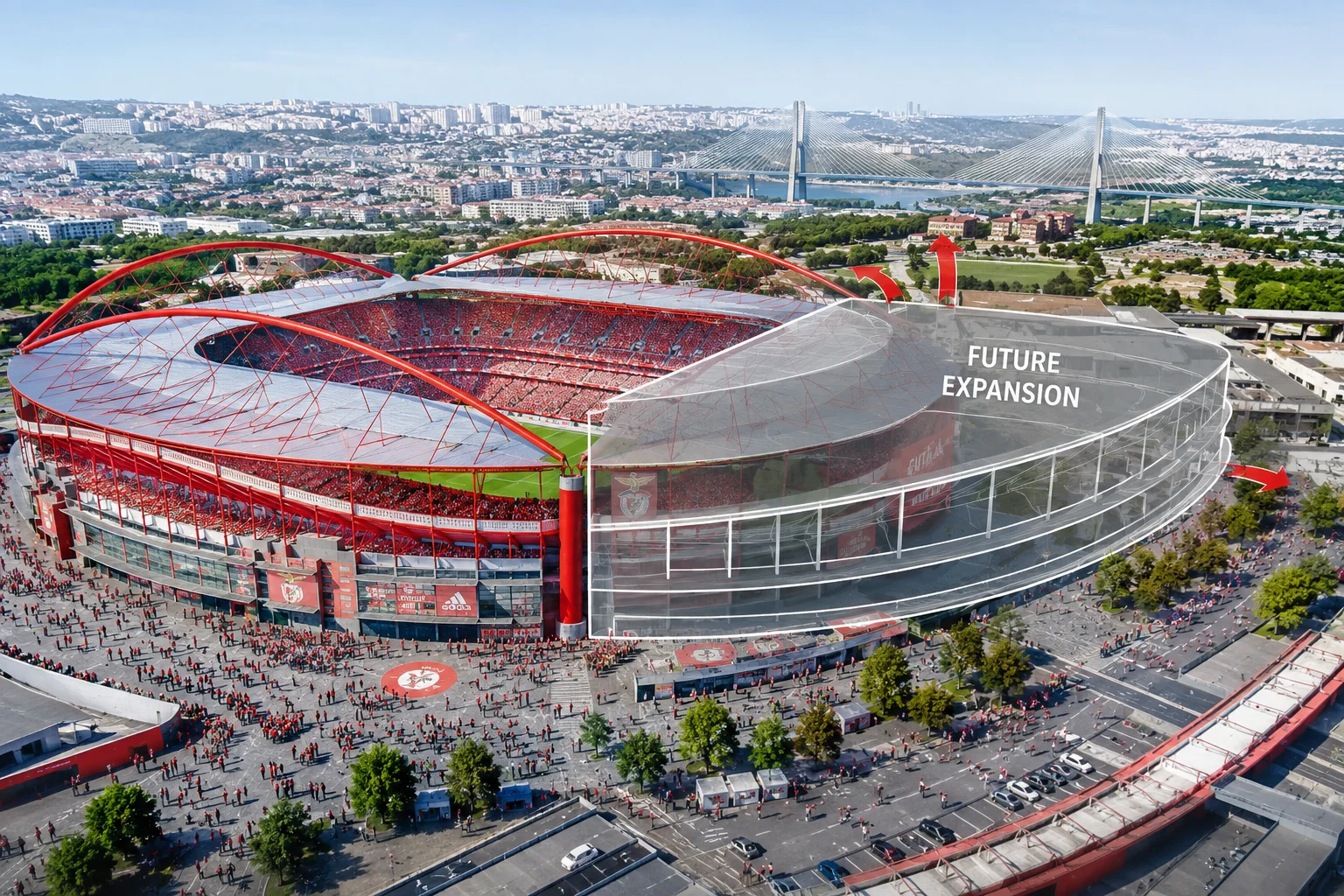 Aerial view of Estádio da Luz with a semi-transparent architectural graphic overlaid on one corner labeled "Future Expansion" with red arrows indicating structural height increases.