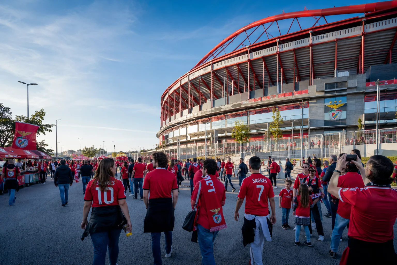 Fans dressed in red SL Benfica jerseys walking along an open outdoor plaza outside the modern, red-framed facade of Estádio da Luz on a sunny day.