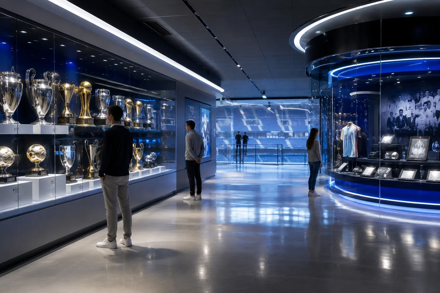 Visitors exploring a sleek, modern museum inside a stadium featuring illuminated glass display cases showcasing silver and gold championship trophies and memorabilia.