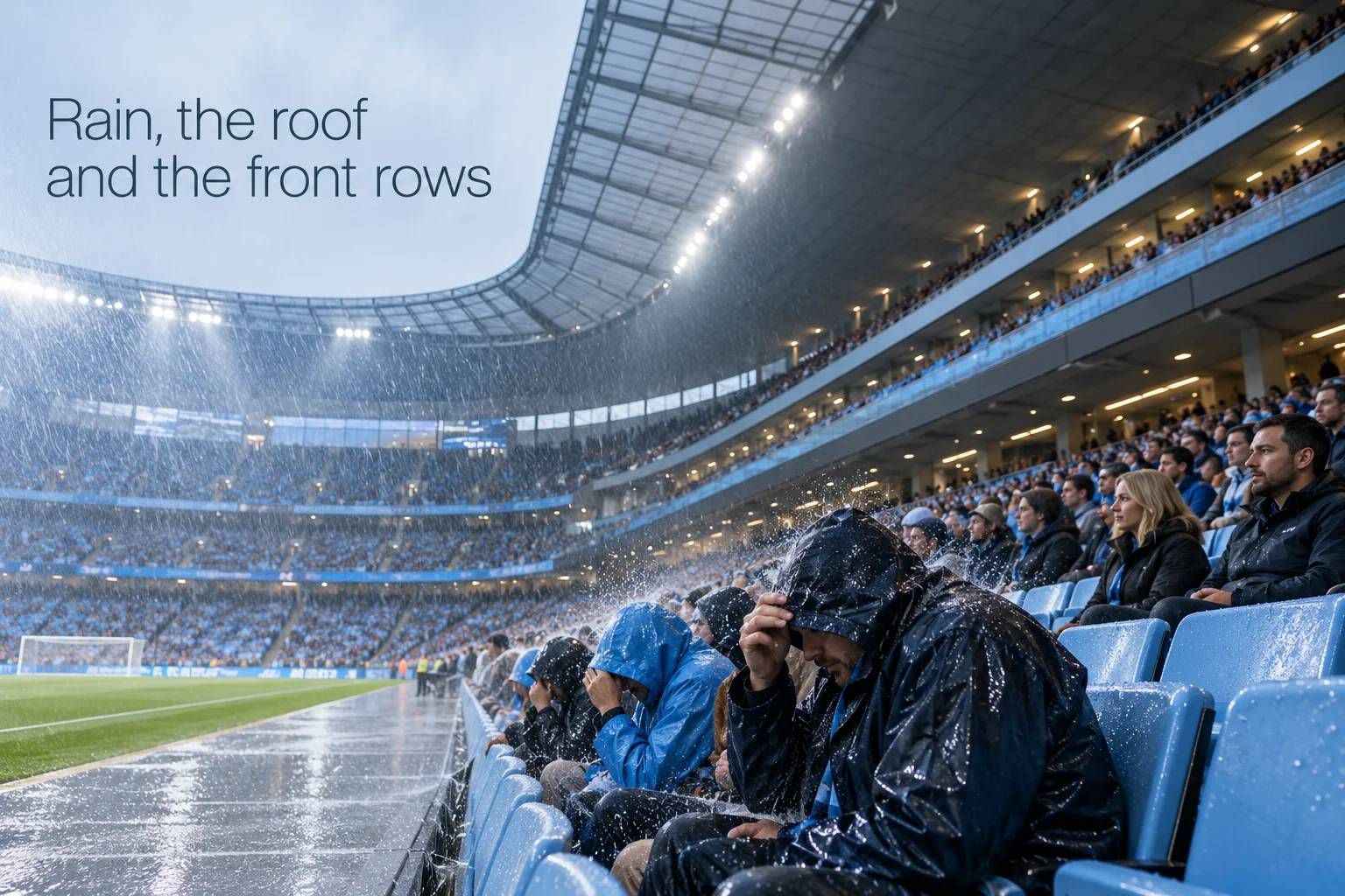 Fans in the front row of the stadium stand wearing hooded raincoats, getting splashed by heavy rain coming off the roof during a match, overlaid with text reading "Rain, the roof and the front rows".