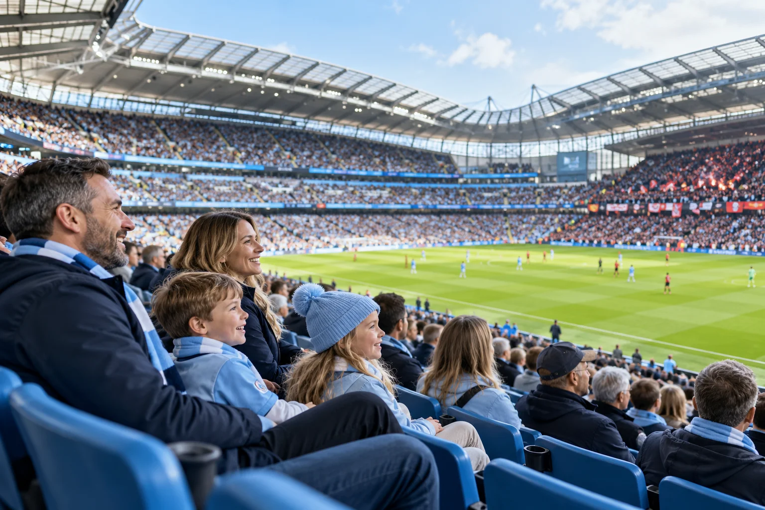 A smiling family of four in blue scarves watching a football match from their stadium seats.