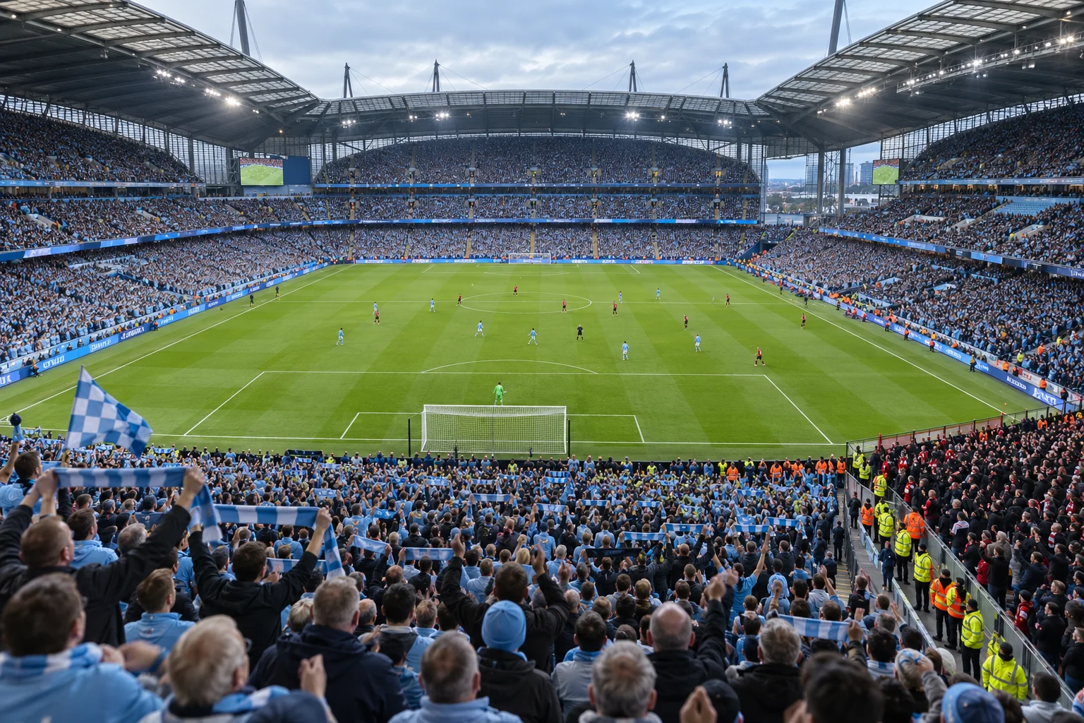 Elevated view looking straight down the center of the pitch from behind the goal stand, showing cheering fans holding scarves in the foreground and opposing supporters caged to the side.