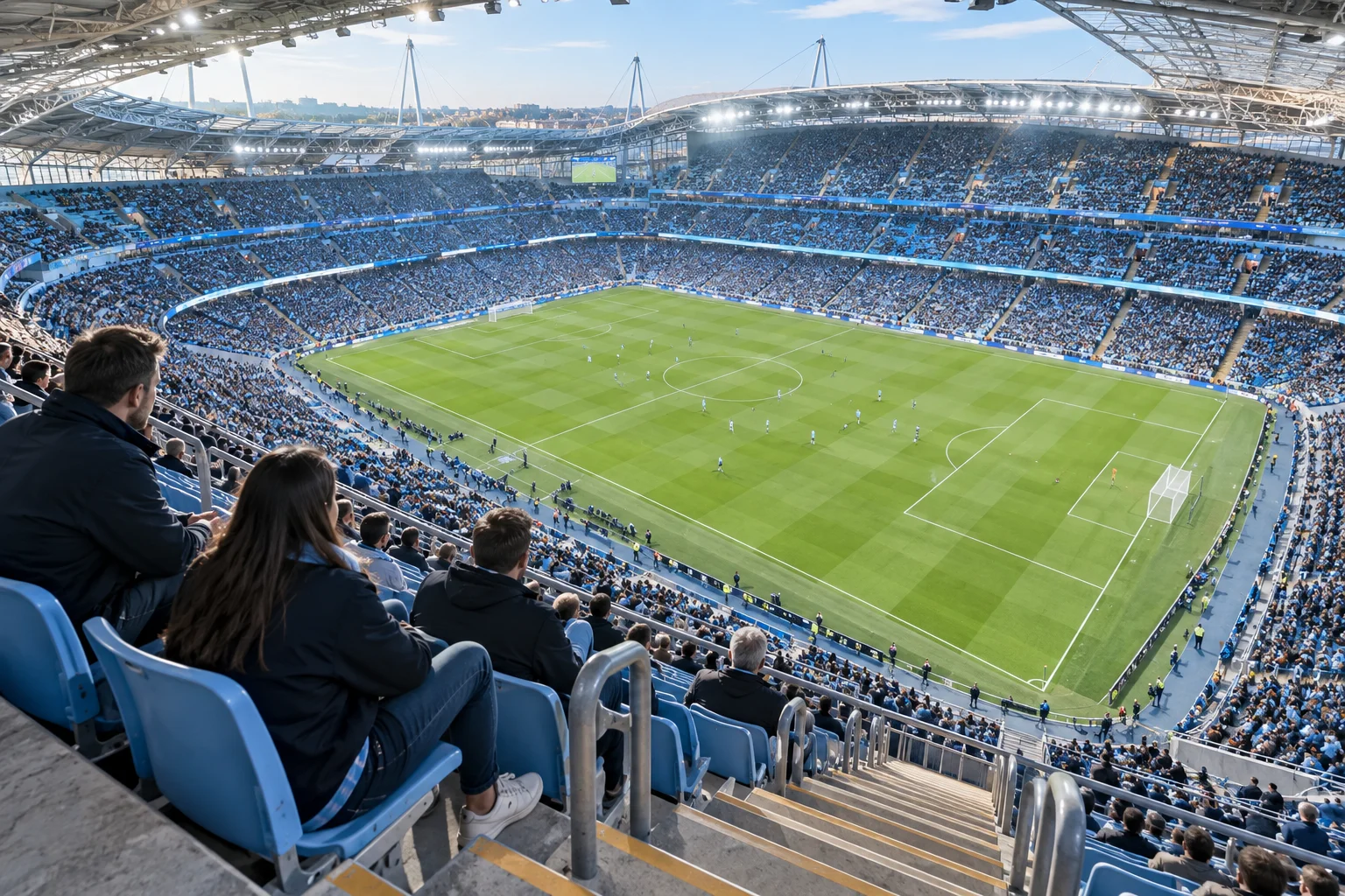 High-angle perspective from upper tier seats overlooking the entire pitch and surrounding stadium stands, showing the aisle stairs and legroom space.