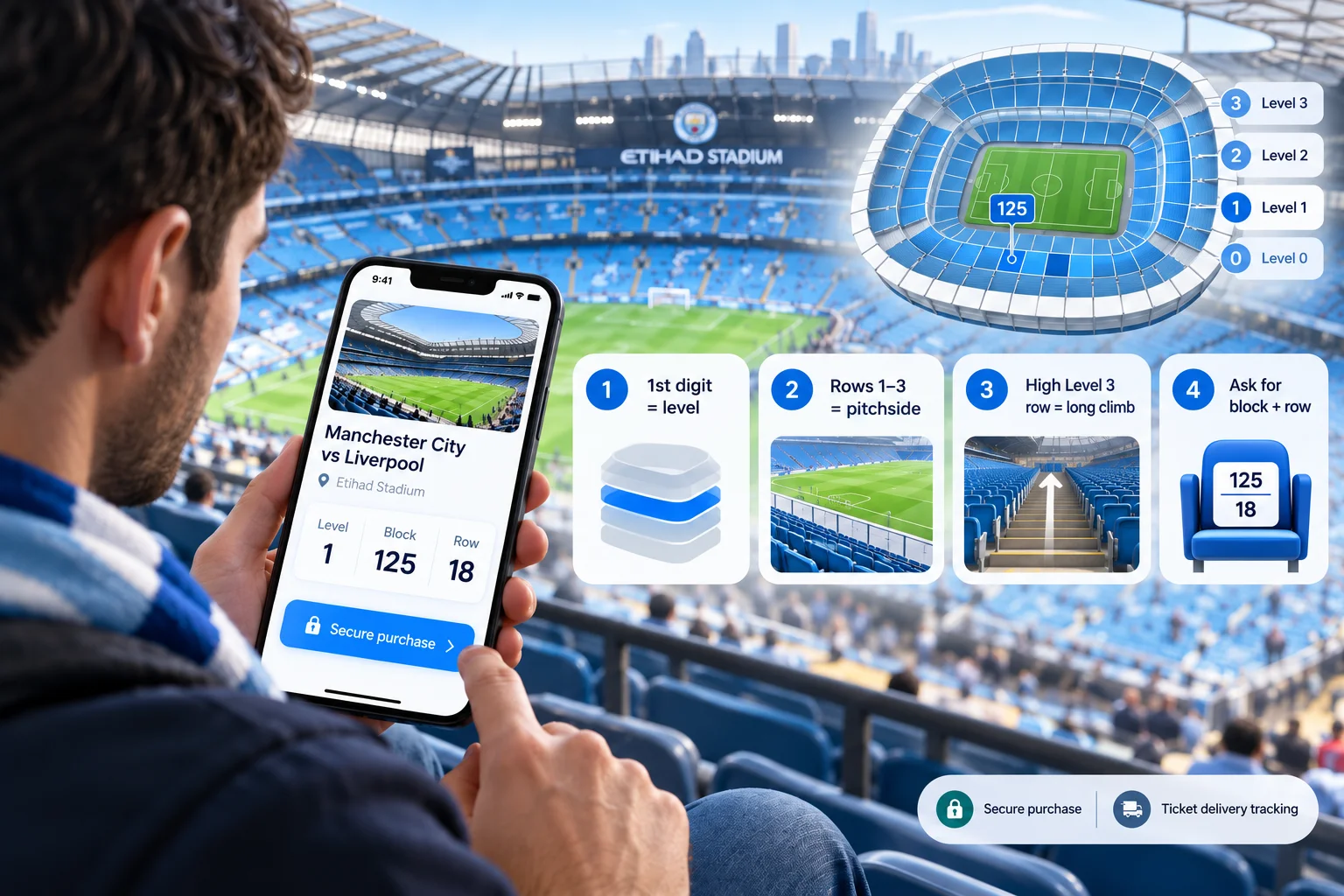 A spectator holding a smartphone displaying a ticket purchase screen for a match at Etihad Stadium, surrounded by graphics explaining seat numbering and tier levels on a 3D stadium map.