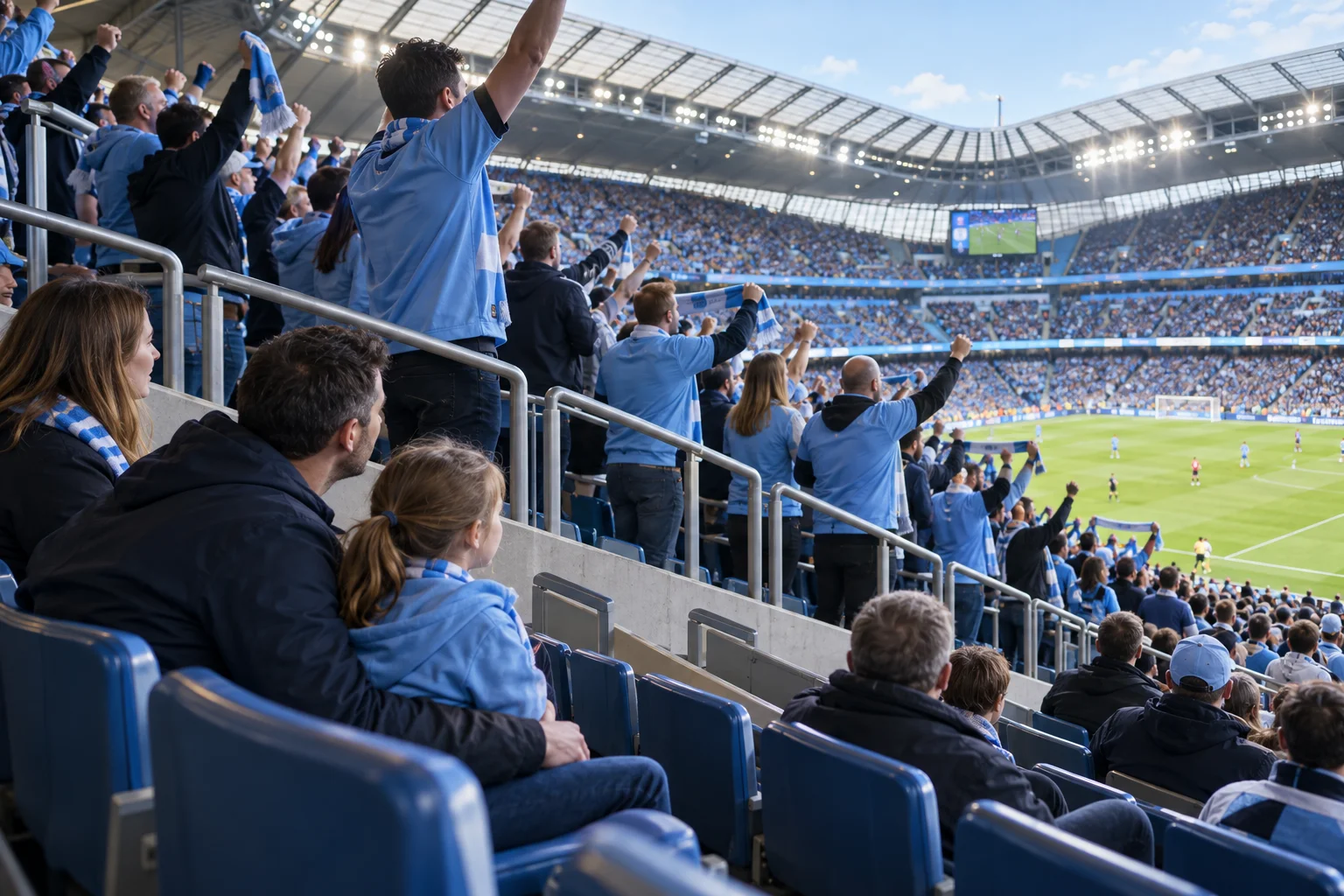 Spectators wearing blue standing and cheering in the stadium grandstand, holding up team scarves with a father and young girl seated in the foreground.