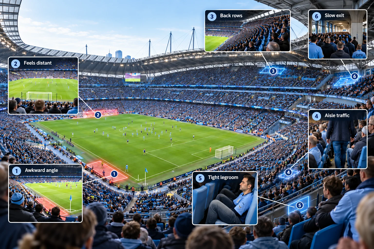 Wide view of a football stadium with callouts highlighting seating considerations: 1 Awkward angle, 2 Feels distant, 3 Back rows, 4 Aisle traffic, 5 Tight legroom, and 6 Slow exit.