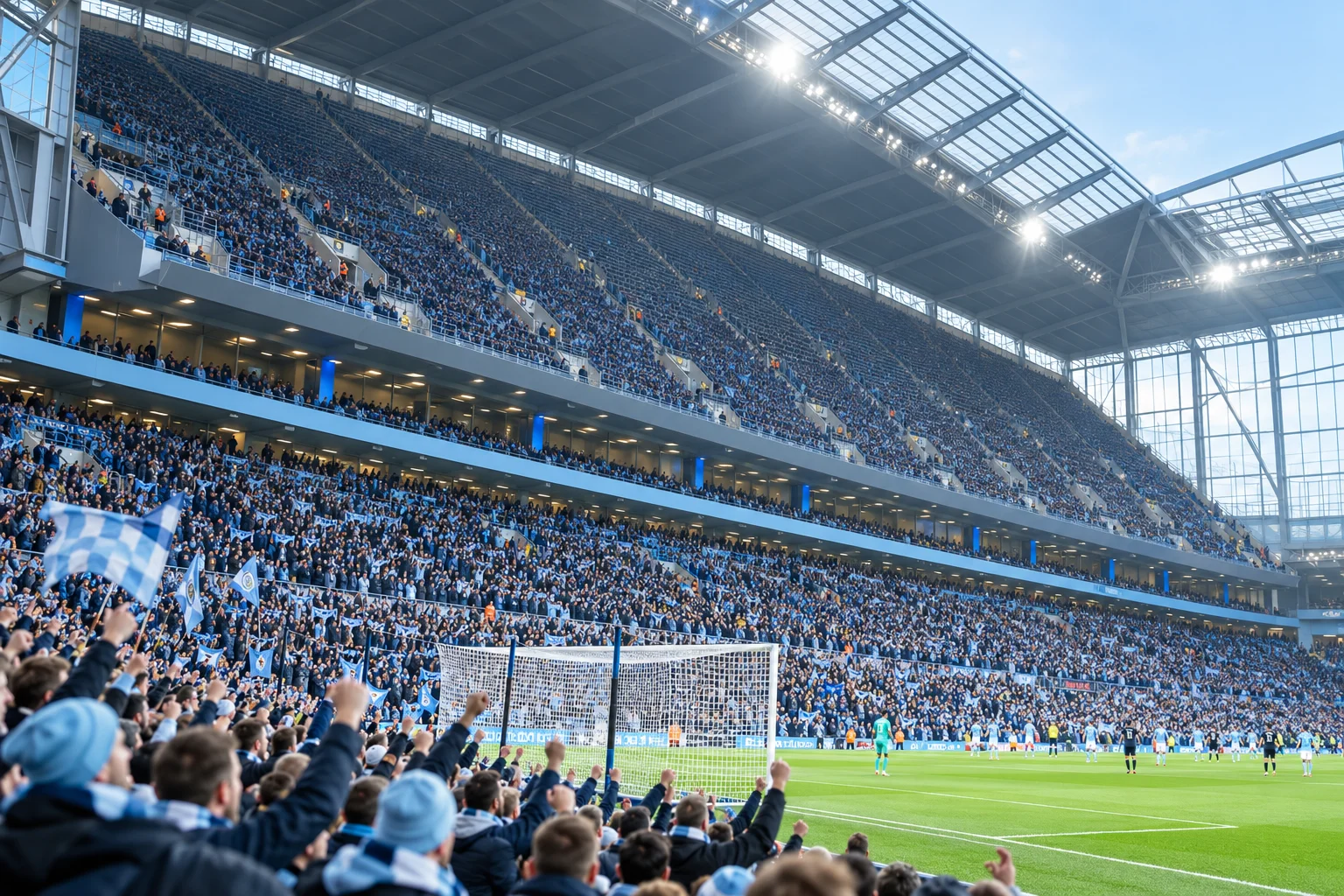 View from behind the goal inside Etihad Stadium showing towering tiers of packed seating stands reaching up toward the roof structure.