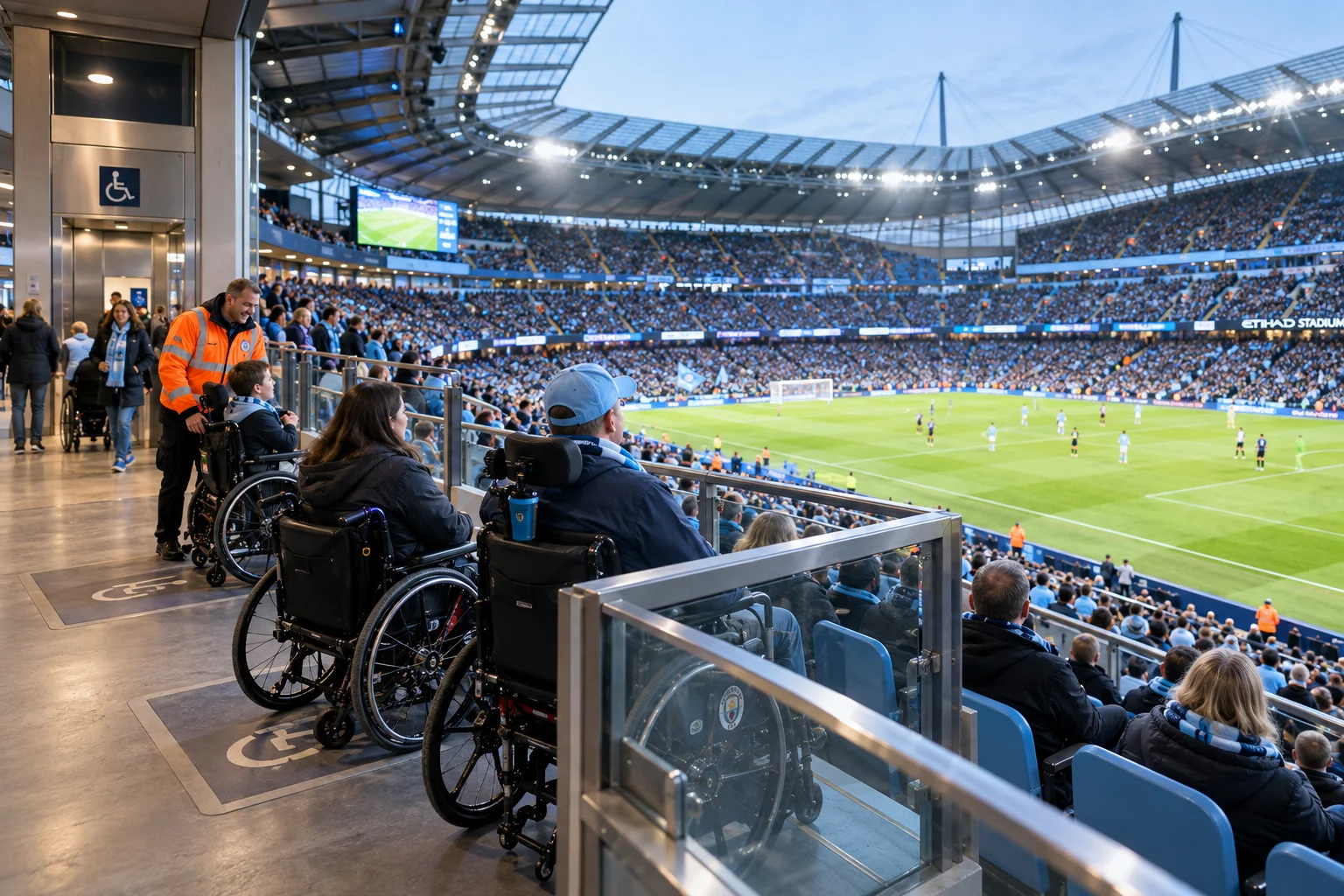 An accessible seating platform at Etihad Stadium with wheelchair users and companions watching a live match from behind a clear safety barrier.