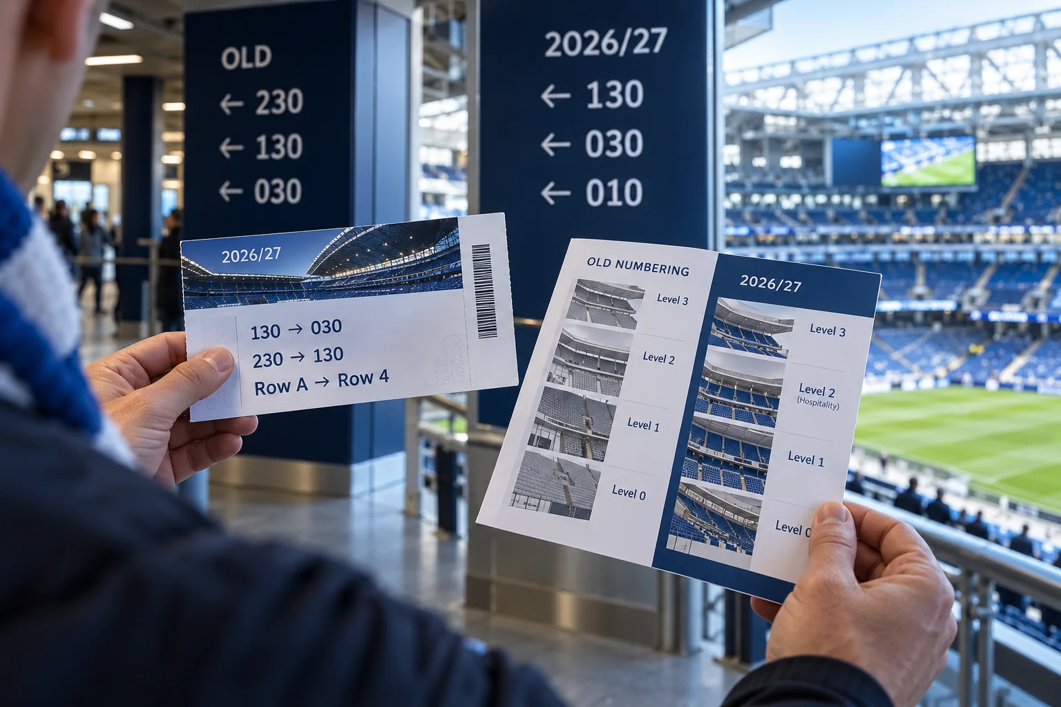 A person holding stadium access tickets and a seat conversion guide showing old vs. 2026/27 tier renumbering in front of directional signage.