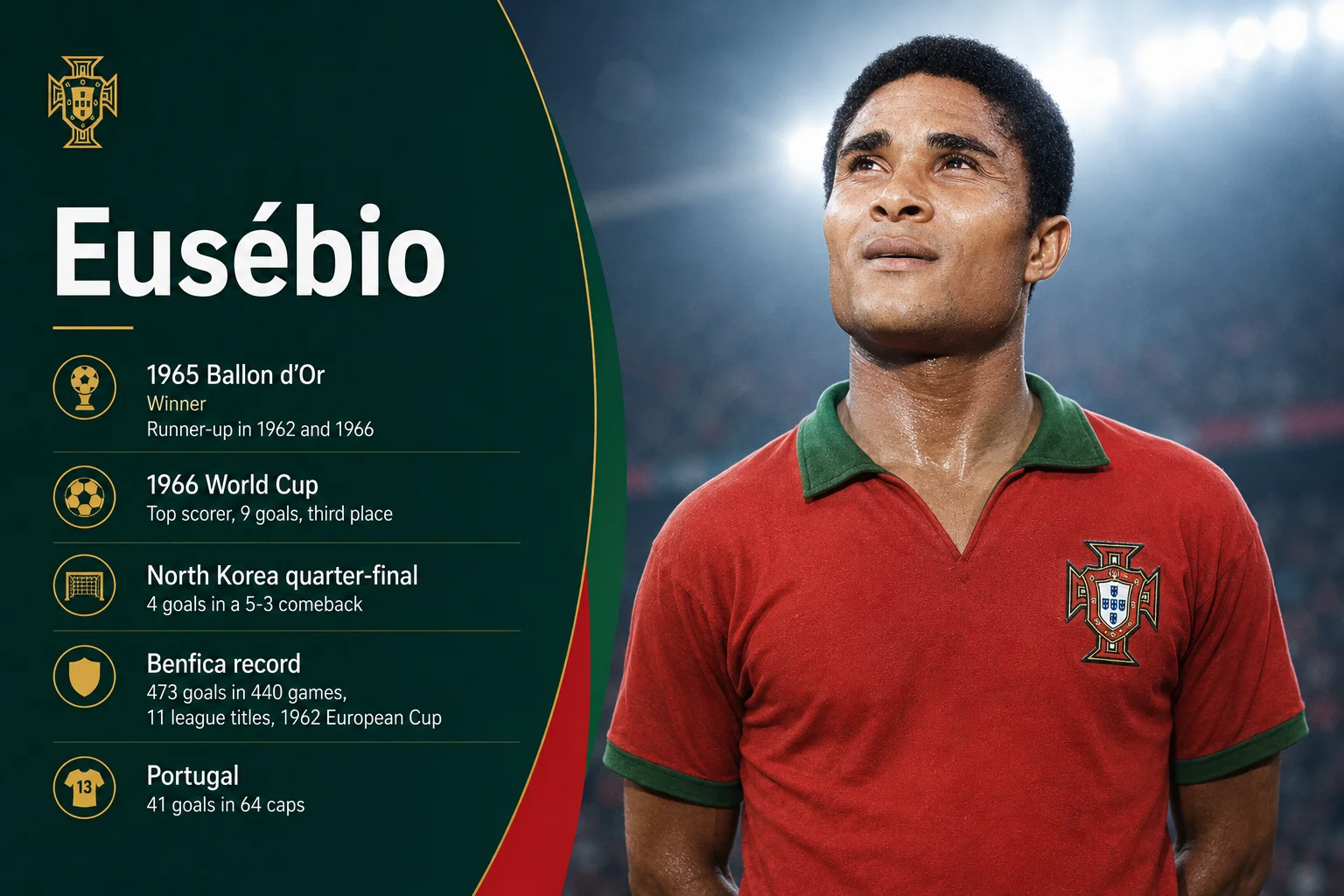 A tribute sports card titled "Eusébio" honors the legendary Portuguese forward, showing a vintage black-and-white image of him dribbling dynamically in a classic kit. The background is a textured dark crimson bordered by a golden seal. Underneath his name, the card outlines his foundational international metrics: "64 Caps" for his historical appearances, an efficient "41 Goals" highlighted by his legendary performances on the world stage, and "1966 World Cup Icon" celebrating his historic Golden Boot run that led Portugal to third place.