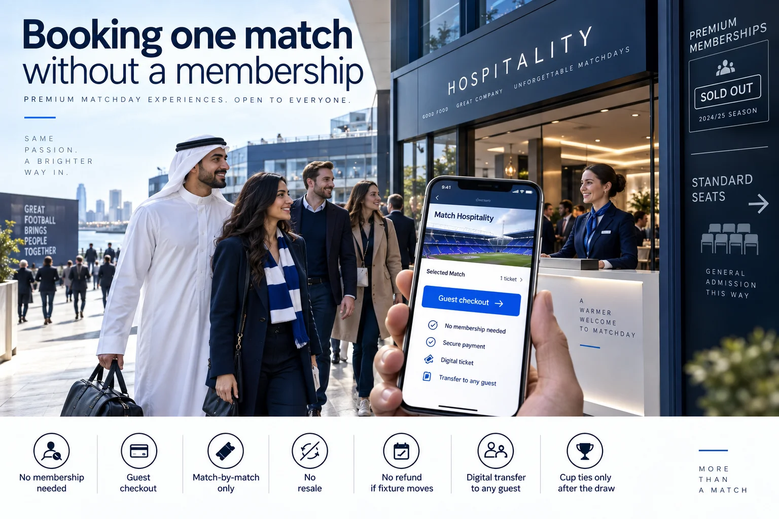يد تحمل هاتفًا ذكيًا يعرض شاشة دفع الضيافة خلال مباراة بينما يسير مشجعون نحو مركز ضيافة إيفرتون.