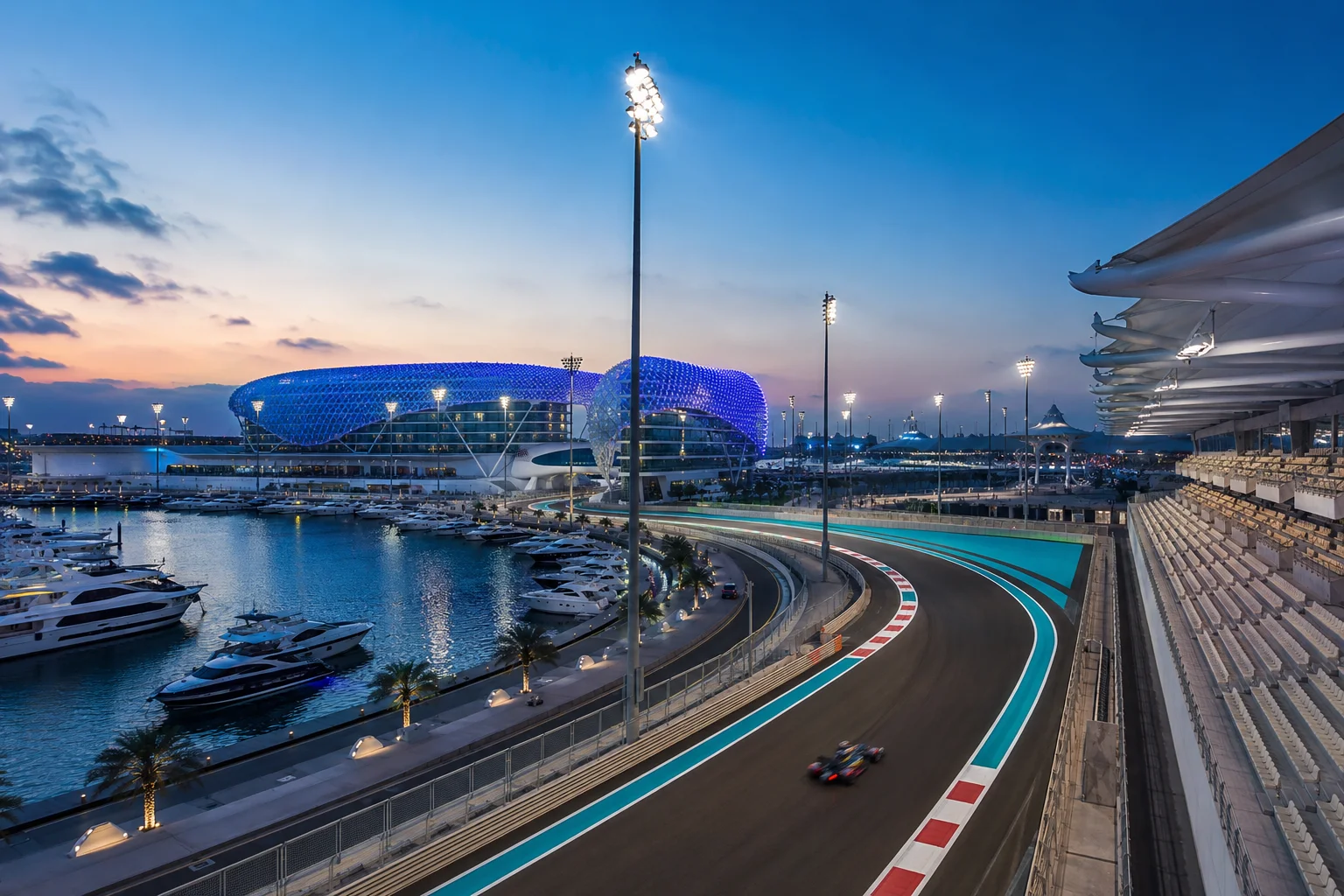 An elevated view of the Yas Marina Circuit during twilight as an F1 car navigates a sweeping curved track, framed by grandstands on the right, luxury yachts docked along the marina on the left, and the illuminated blue canopy of the W Abu Dhabi hotel spanning the background.