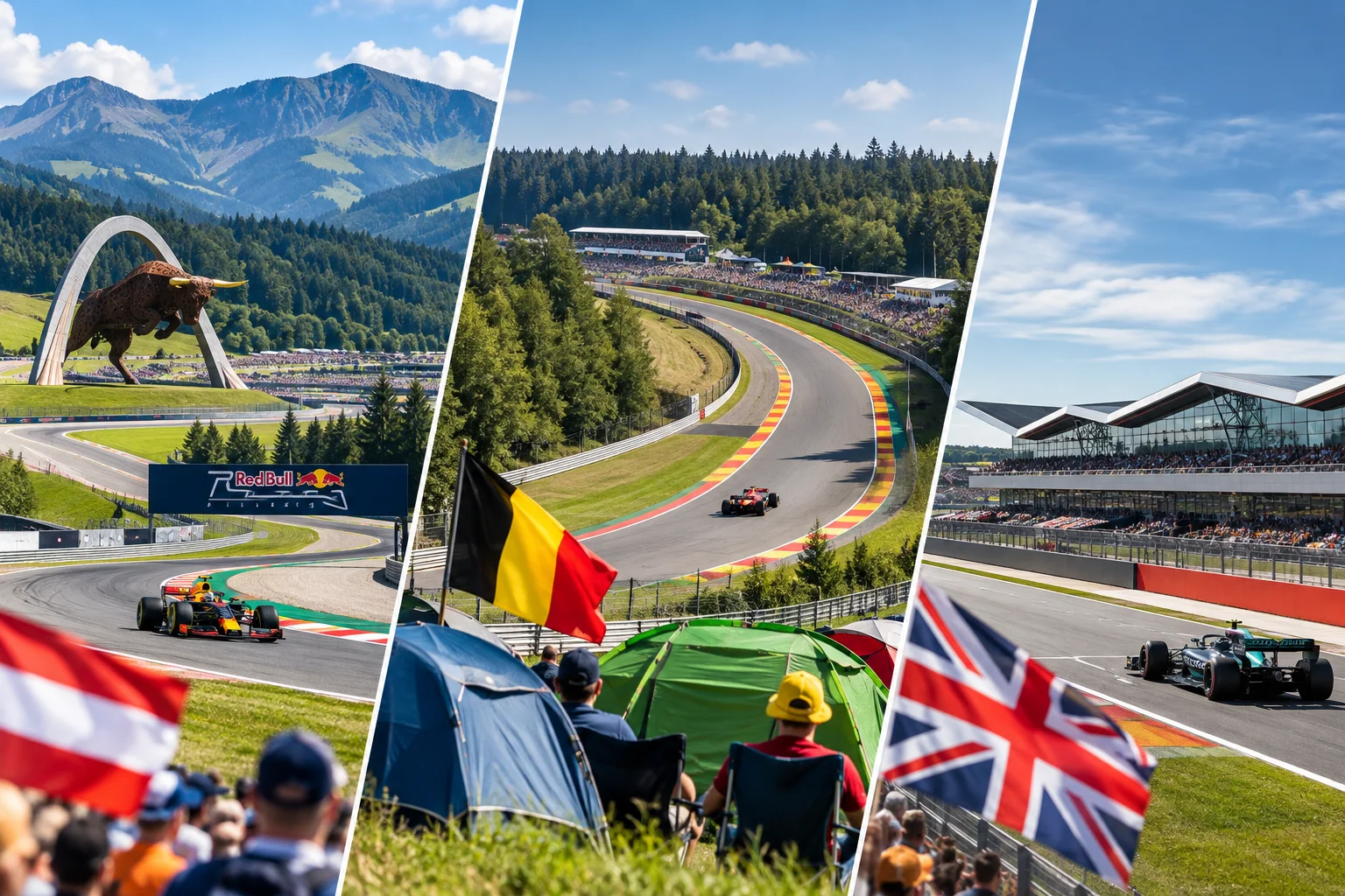 Triptych split image showing three European Formula 1 circuits: Red Bull Ring in Austria with the giant bull sculpture, Spa-Francorchamps in Belgium with fan tents and Belgian flag, and Silverstone in the UK with the Pit Straight and a Union Jack flag in the foreground.