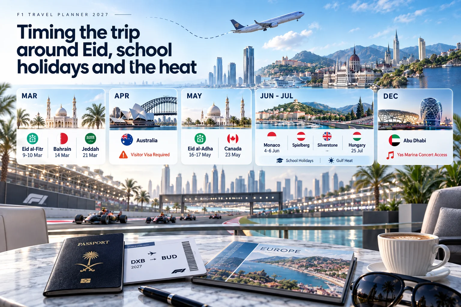 Infographic titled "F1 Travel Planner 2027: Timing the trip around Eid, school holidays and the heat," featuring a calendar breakdown by month showing race dates alongside holidays like Eid al-Fitr and Eid al-Adha, with a Saudi passport and boarding pass on a coffee table overlooking a track.