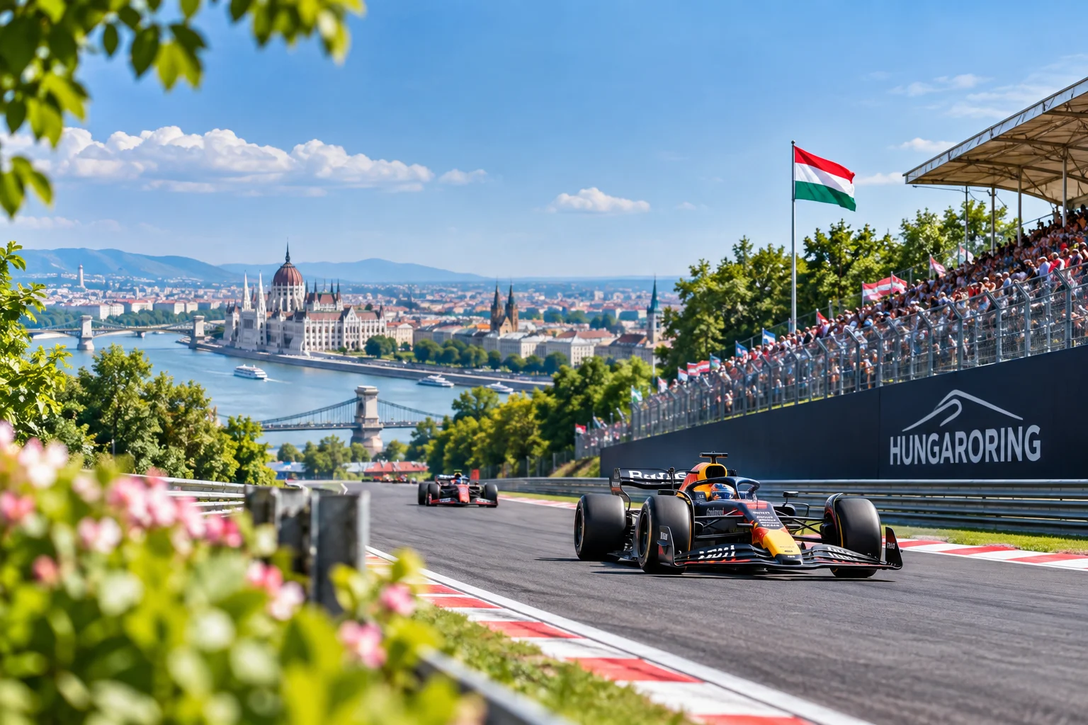 Formula 1 car driving on the track at Hungaroring in Hungary, with a grandstand on the right, the Hungarian flag flying, and a panoramic view of the Danube River and Hungarian Parliament Building in the background.
