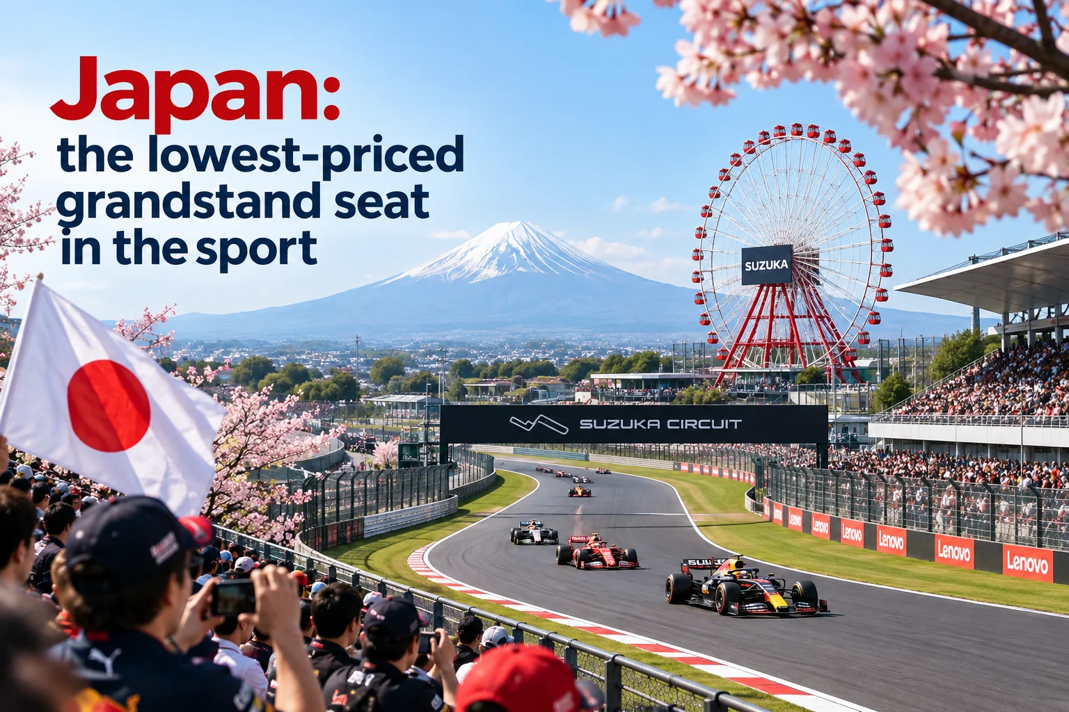 Formula 1 race at Suzuka Circuit in Japan under cherry blossoms, featuring text "Japan: the lowest-priced grandstand seat in the sport," with Mount Fuji and the Suzuka ferris wheel visible in the background while fans hold a Japanese flag.