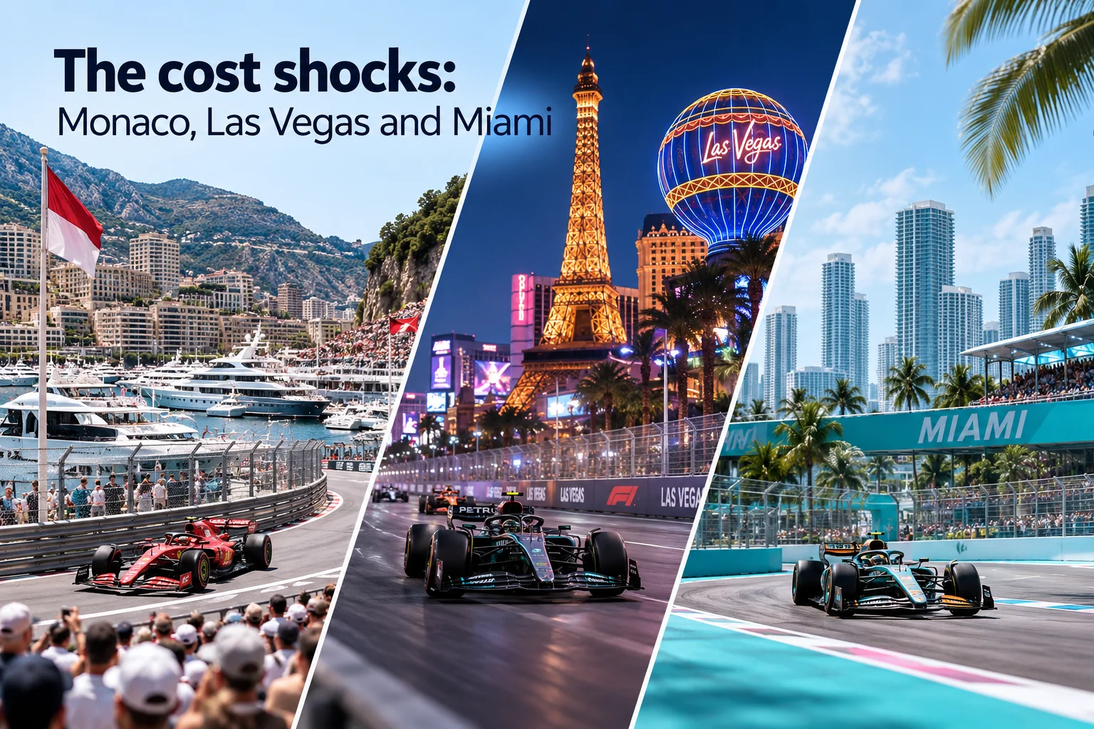 Triptych split image titled "The cost shocks: Monaco, Las Vegas and Miami" featuring Formula 1 cars racing past iconic landmarks: Monaco harbor with yachts, Las Vegas strip illuminated at night with the Eiffel Tower replica, and the Miami International Autodrome skyline.