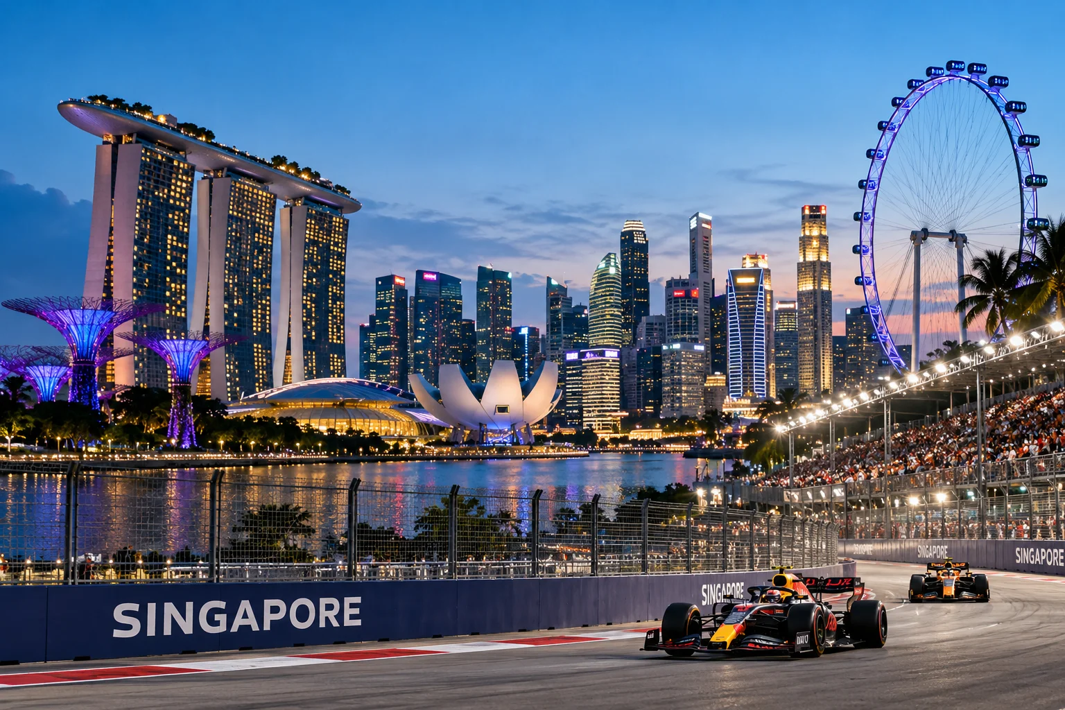 Night race at the Singapore Grand Prix showing an F1 car speeding down the track in front of the illuminated Marina Bay Sands hotel, ArtScience Museum, and Singapore Flyer ferris wheel.