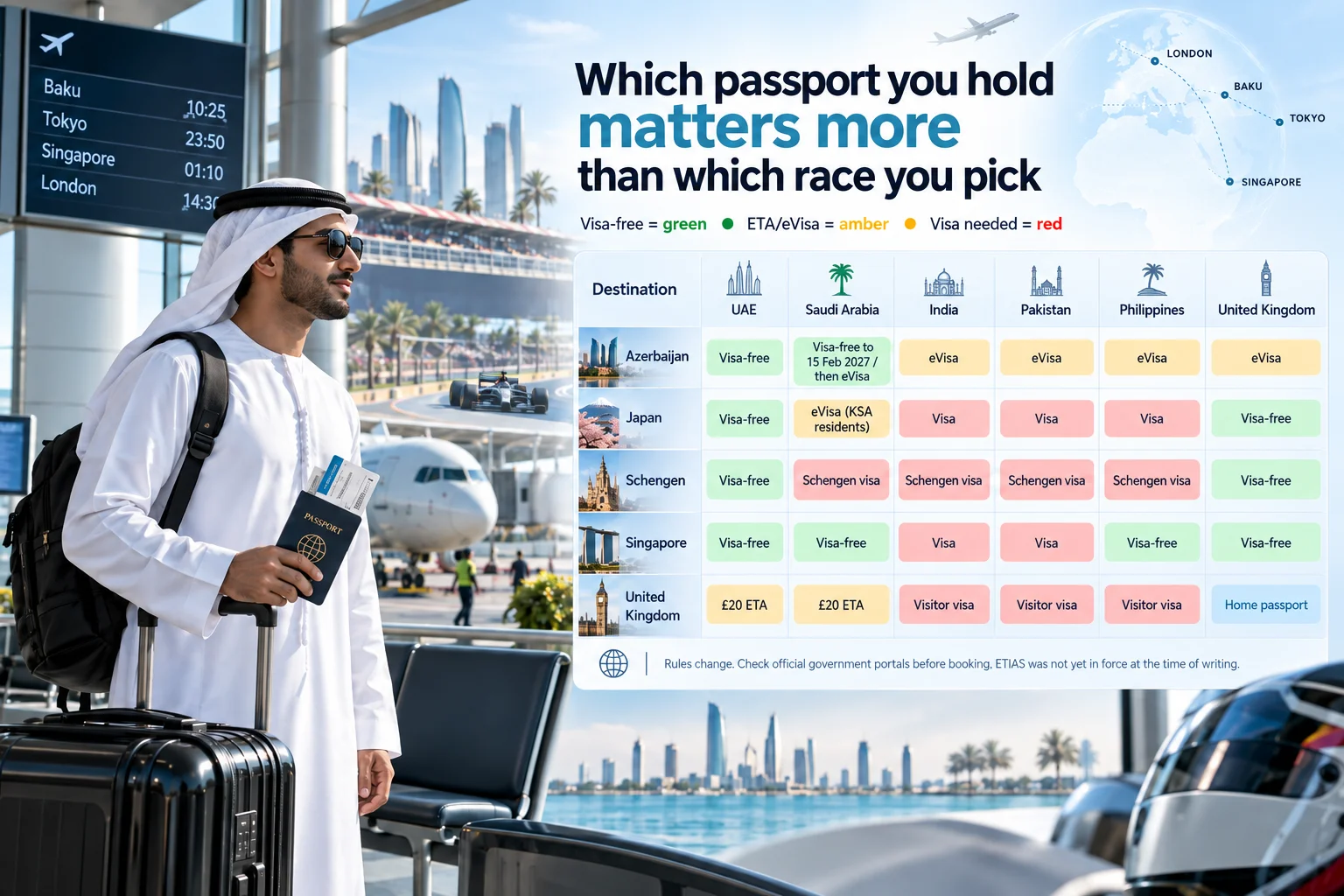 Traveler in traditional Emirati thawb and ghutra holding a passport and boarding pass in an airport terminal, next to a visa requirements matrix comparing entry rules for UAE, Saudi Arabia, India, Pakistan, Philippines, and UK passport holders across various Formula 1 race destinations.