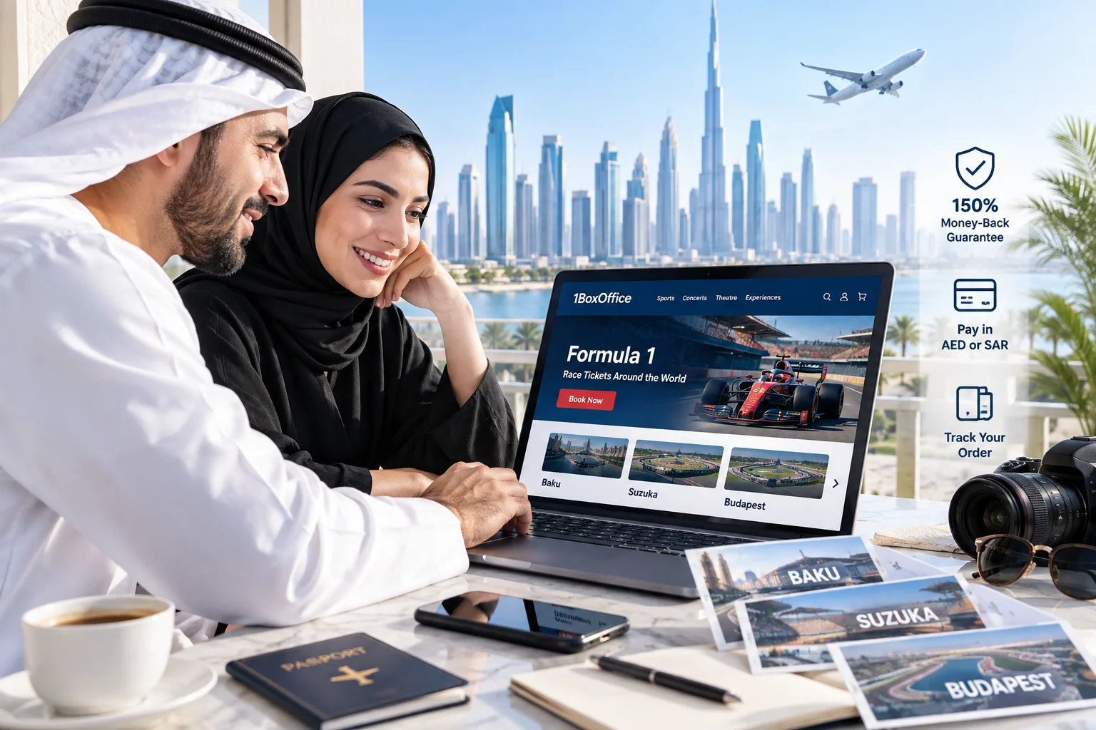 Emirati couple sitting on a balcony with the Dubai skyline in the background, looking at a laptop displaying the 1BoxOffice website for booking Formula 1 race tickets around the world, with race travel postcards for Baku, Suzuka, and Budapest on the table.