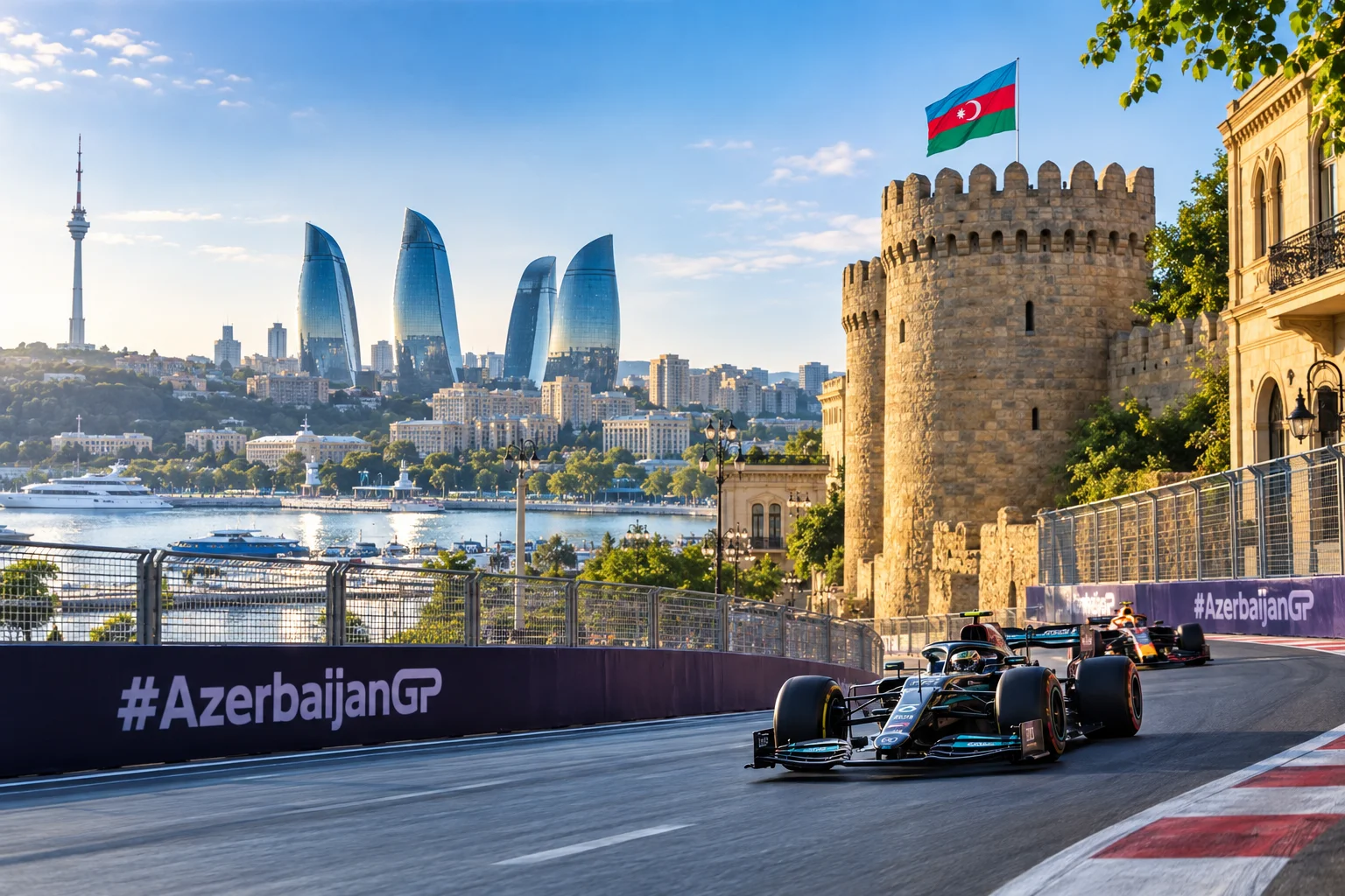 Formula 1 car driving along the narrow street circuit in Baku, Azerbaijan, passing right beside the historic stone castle wall of the Old City with the modern Flame Towers skyline visible in the distance.