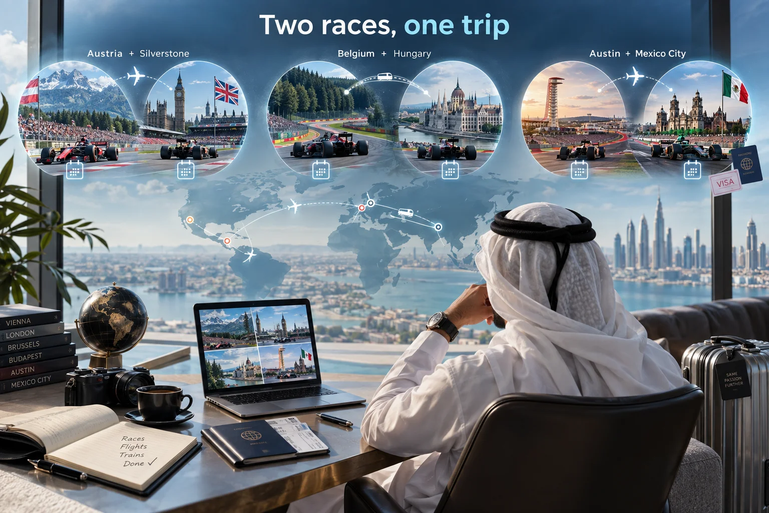 Man in a white thawb and ghutra at a high-rise desk overlooking a city skyline, looking at a laptop showing paired Formula 1 race trips (Austria + Silverstone, Belgium + Hungary, Austin + Mexico City) connected on a world map graphic titled "Two races, one trip."
