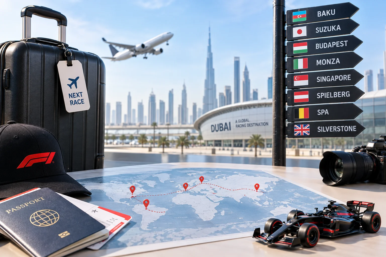 Travel scene featuring a passport, F1 cap, luggage, and model car arranged on a desk next to a world map with race locations, alongside a sign post pointing to race destinations like Baku, Suzuka, Budapest, Monza, Singapore, Spielberg, Spa, and Silverstone, with Dubai landmarks in the background.