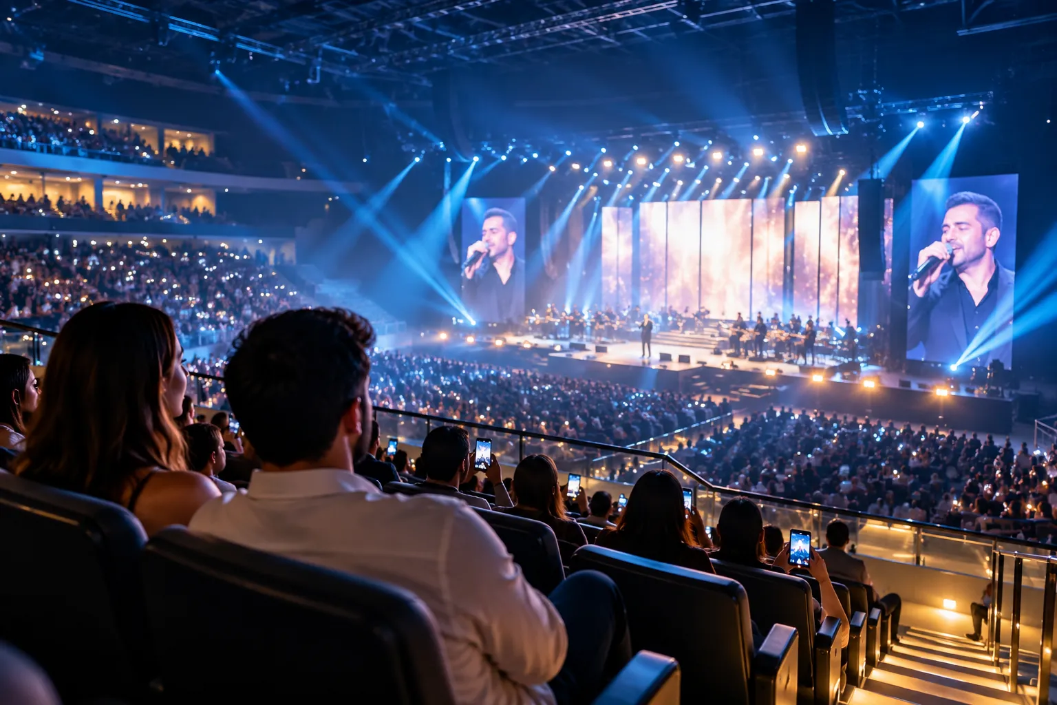 View from the audience seating inside a illuminated concert arena facing a live orchestra on stage and large screens displaying the performing artist.