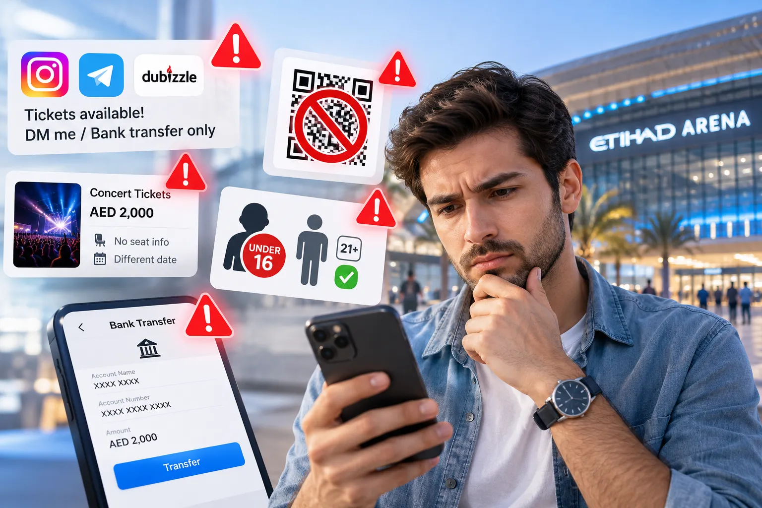 A thoughtful man holding a smartphone outside Etihad Arena while surrounded by warning icons pointing out common ticket scams, including direct bank transfers, unofficial social media sellers, invalid QR codes, and missing seat details.