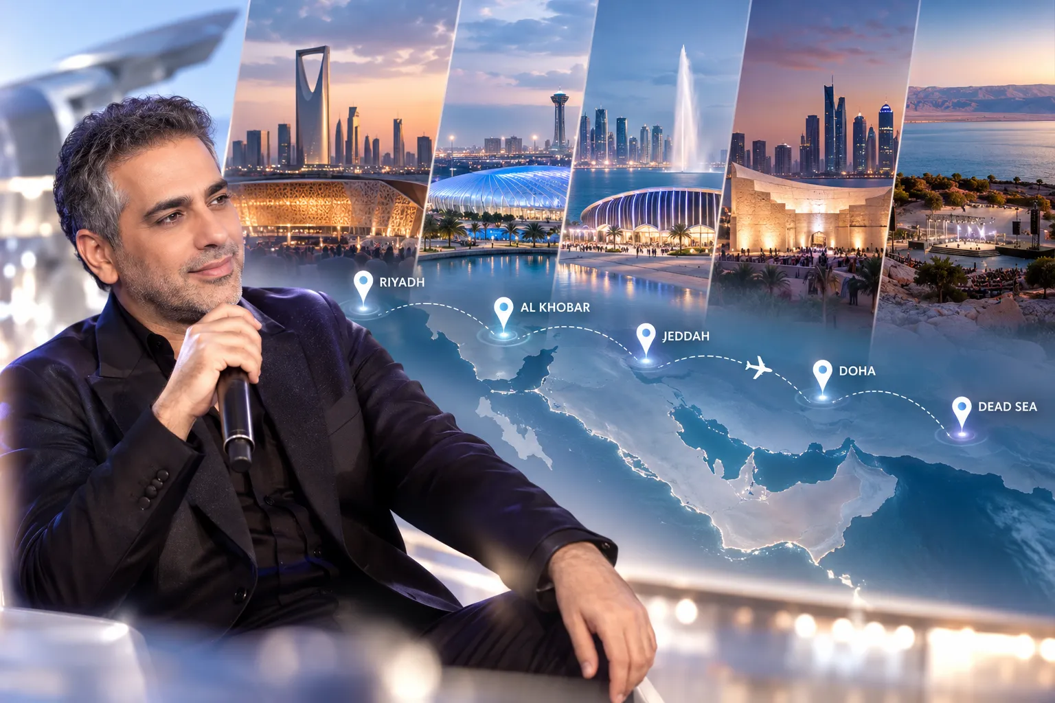 A portrait of singer Fadel Chaker holding a microphone next to a Middle East map graphic showing concert tour locations across Riyadh, Al Khobar, Jeddah, Doha, and Dead Sea.
