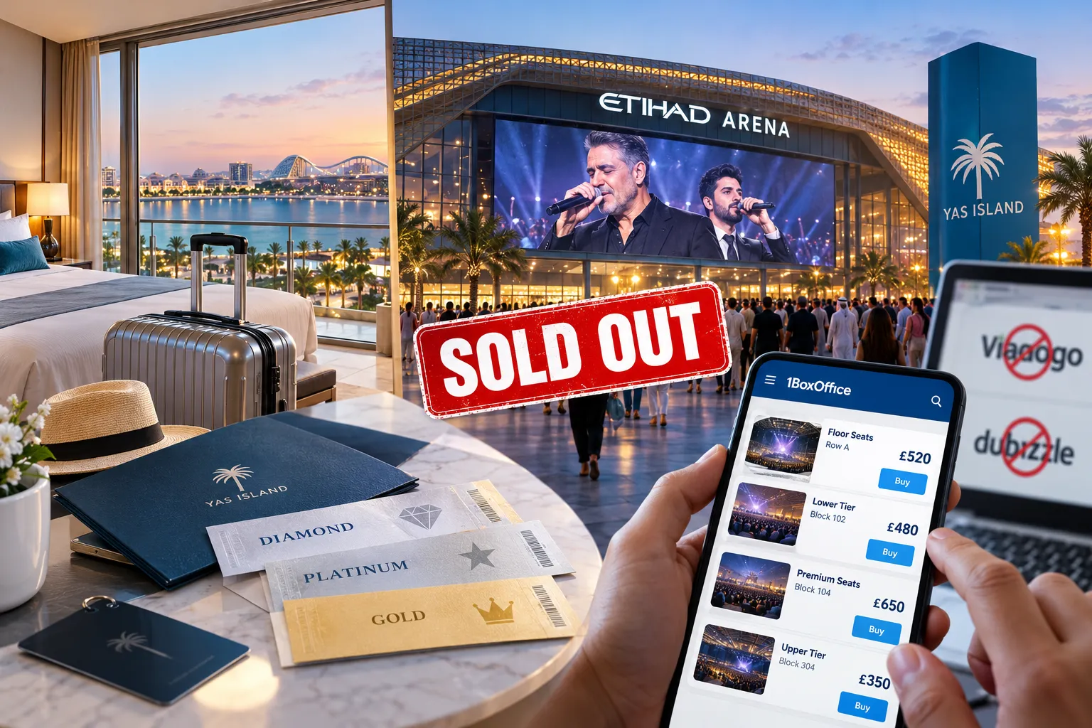 A composite image showcasing Yas Island hotel view, concert tickets (Diamond, Platinum, Gold), Etihad Arena with a "SOLD OUT" stamp, and a smartphone displaying secondary ticket listings.