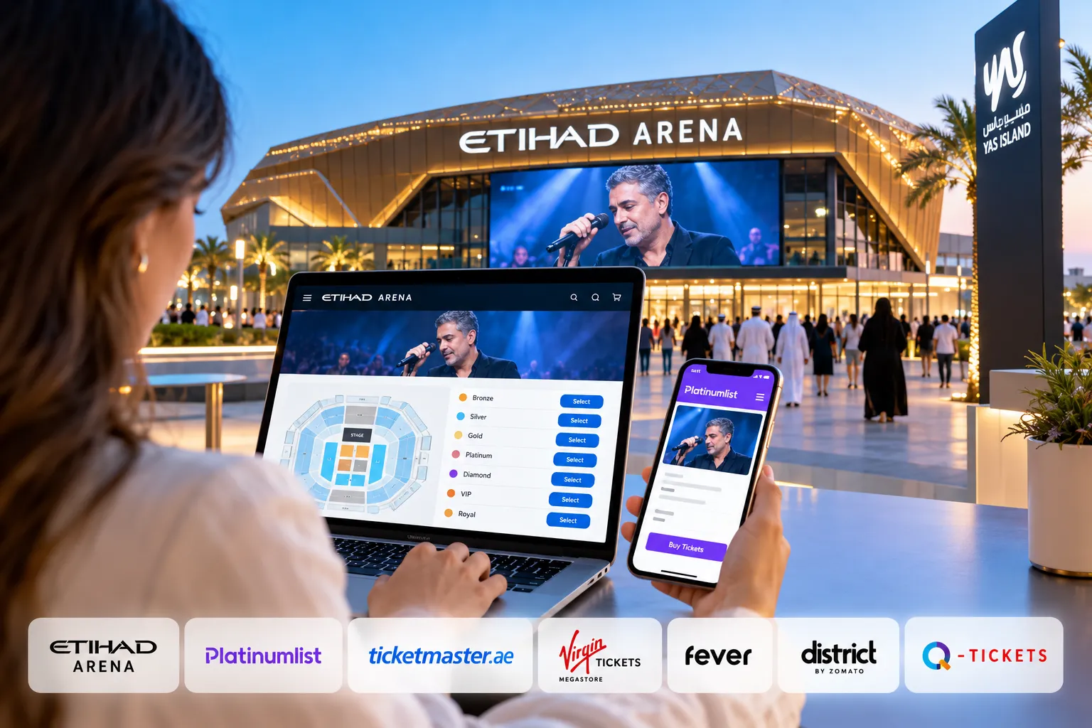 A person using a laptop seating chart and smartphone app to purchase concert tickets outdoors in front of Etihad Arena, surrounded by official ticket platform logos.