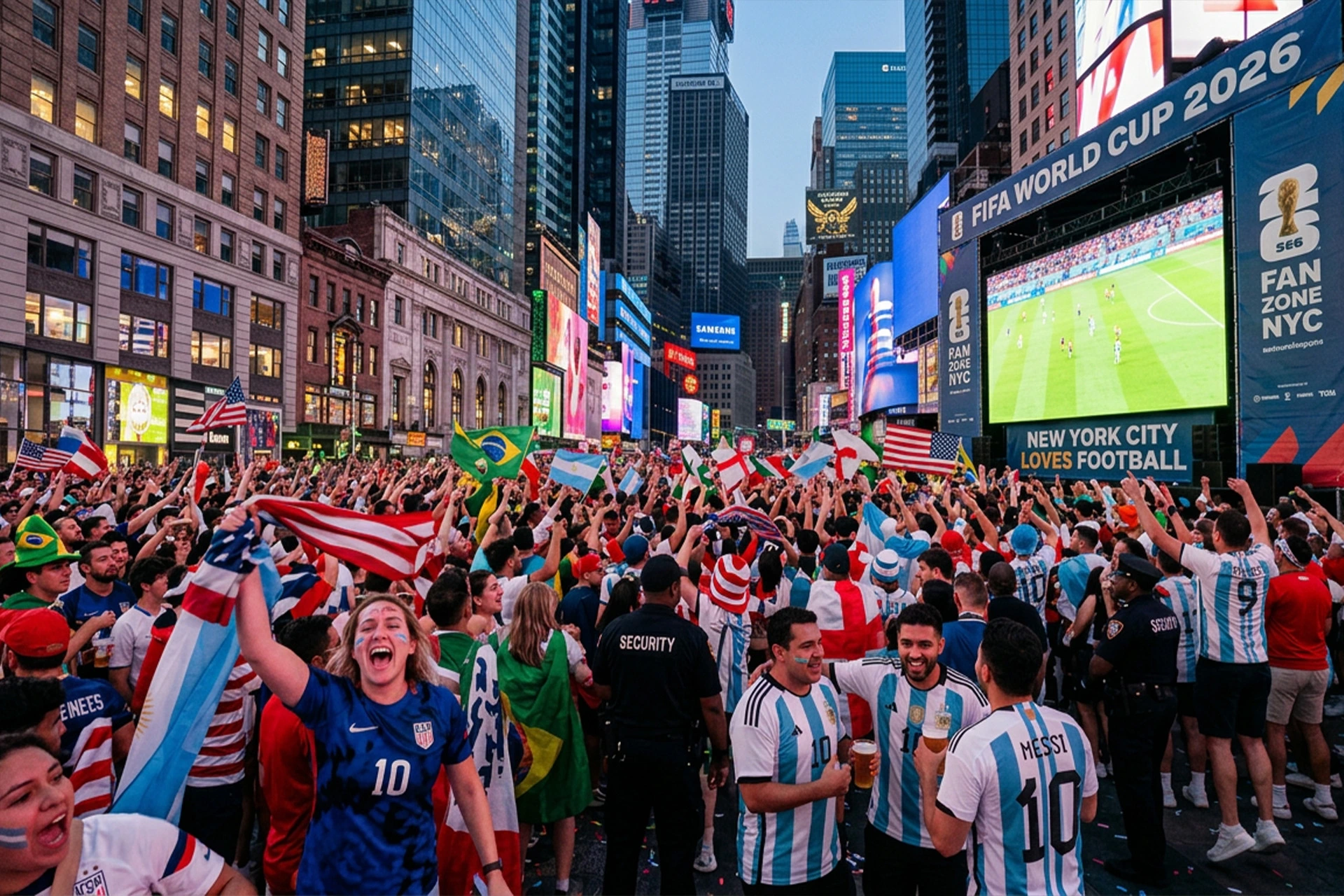 منطقة مشجعين كأس العالم 2026 في مدينة نيويورك مع مشجعين لكرة القدم يلوحون بالأعلام ويشاهدون مباراة مباشرة على شاشة كبيرة.