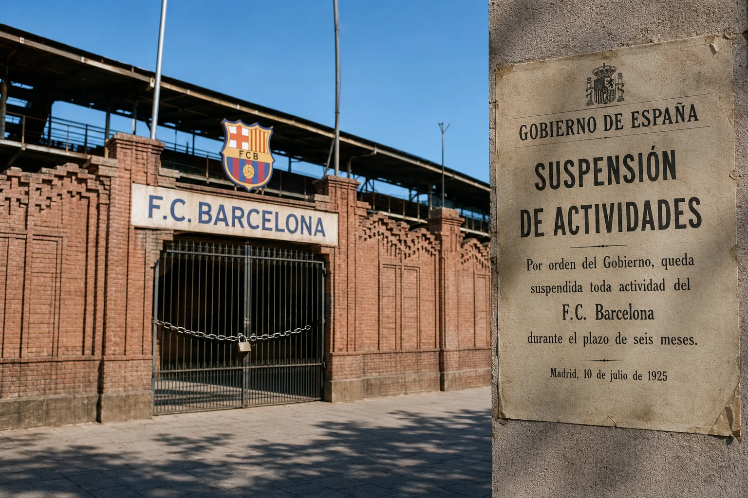 بوابة حديدية مغلقة أمام مدخل ملعب FC برشلونة، مرفقة بإشعار رسمي من الحكومة مكتوب بالإسبانية يعلن تعليق أنشطة النادي لمدة ستة أشهر بتاريخ 10 يوليو 1925.