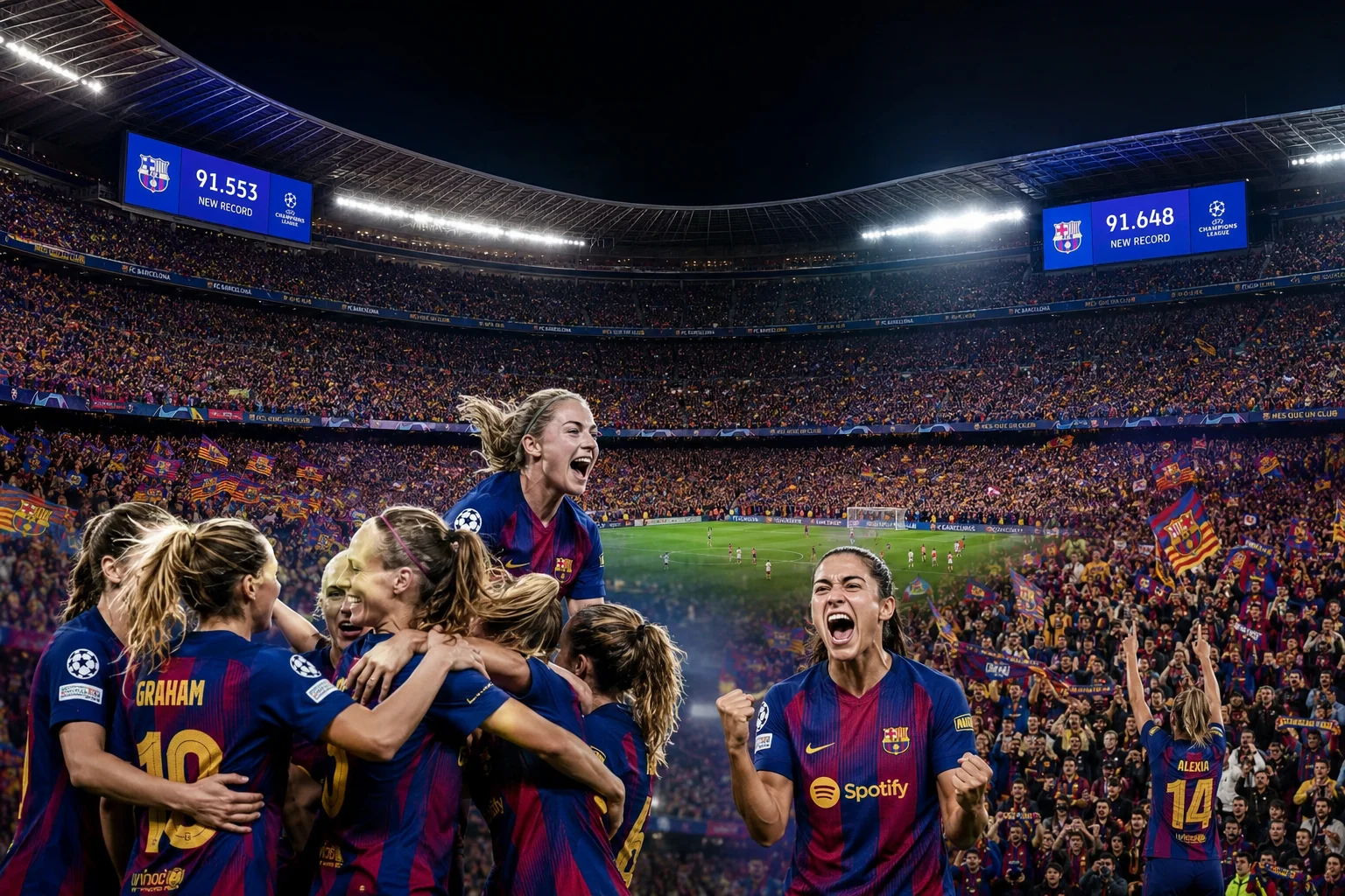 مشهد احتفالي يظهر لاعبات FC برشلونة فيمنين يحتفلن معًا على الملعب جنبًا إلى جنب مع شاشات إلكترونية ضخمة تعرض أعداد الحضور القياسية التي بلغت 91,553 و91,648 داخل كامب نو المزدحم.