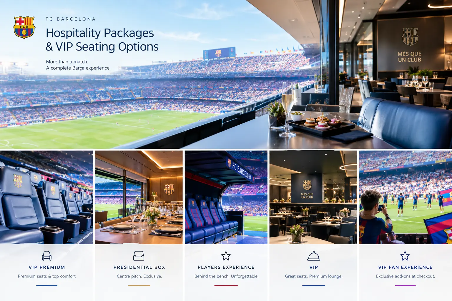 رسم بياني يحمل العنوان "حزم ضيافة FC Barcelona وخيارات مقاعد VIP" ويظهر صالة تناول طعام VIP تطل على سبوتيفاي كامب نو. أدناه خمسة بلاطات تصنيف: VIP Premium، صندوق رئاسي، تجربة اللاعبين، VIP، وتجربة مشجعين VIP.