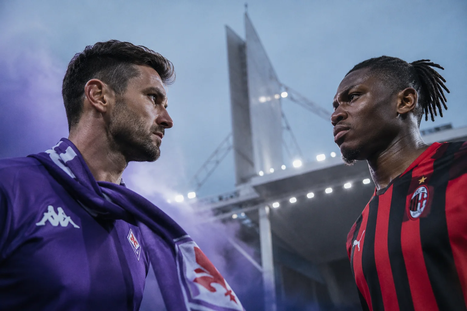 A dramatic close-up side profile of two football players facing off head-to-head under stadium floodlights. On the left, a Fiorentina player wears a deep purple kit and has a matching scarf draped over his neck amidst swirling purple smoke. On the right, AC Milan's Rafael Leão stares back intensely while wearing the red-and-black striped AC Milan jersey.