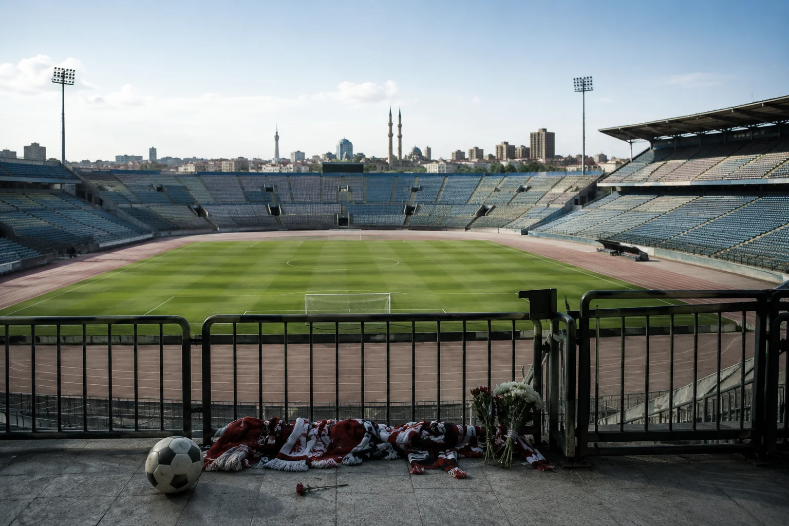 A memorial tribute placed along a metal railing overlooking an empty football stadium pitch. Red and white team scarves are draped across the concrete ledge next to a deflated leather football and several bouquets of white and red flowers. In the background, the empty tiers of the stadium surround the green field, with city buildings and minarets visible on the distant horizon under a daylight sky.