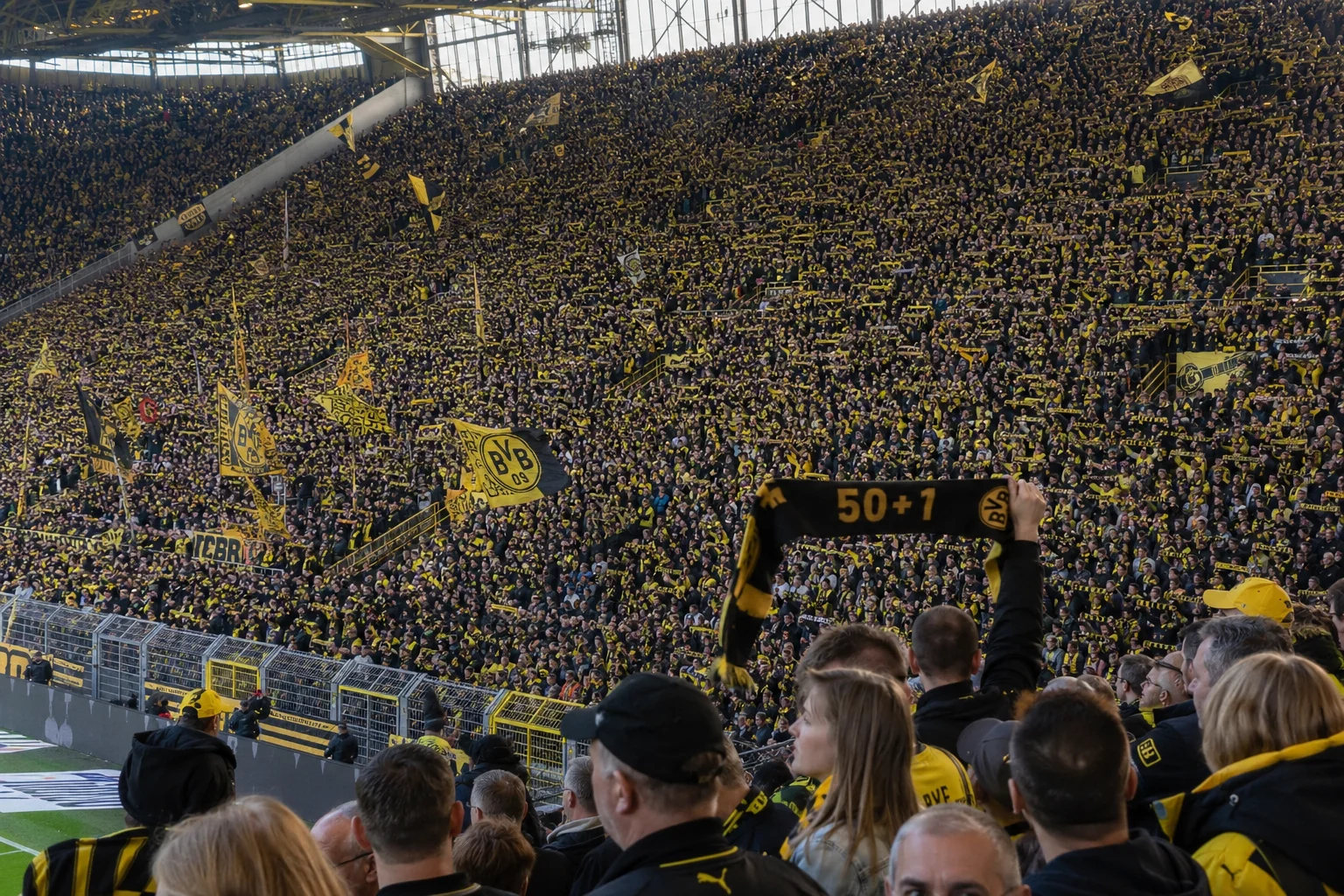 A high-angle view of a massive stadium crowd completely filled with supporters wearing yellow and black attire. In the foreground, a fan holds up a black scarf printed with "50+1" in bold text above their head. Flags and banners emblazoned with "BVB 09" wave across the dense sea of yellow-and-black clad spectators standing throughout the steep grandstands.