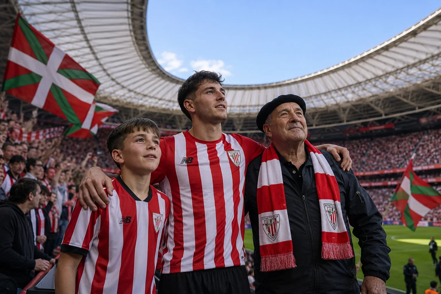 Three generations of Athletic Bilbao supporters stand shoulder-to-shoulder inside a stadium. In the center, a young man wears a red-and-white vertical striped jersey, flanked by a younger boy on his left in a matching jersey and an older man on his right wearing a black beret and a red-and-white team scarf. Basque flags (Ikurriña) wave in the background amidst a packed stadium crowd.
