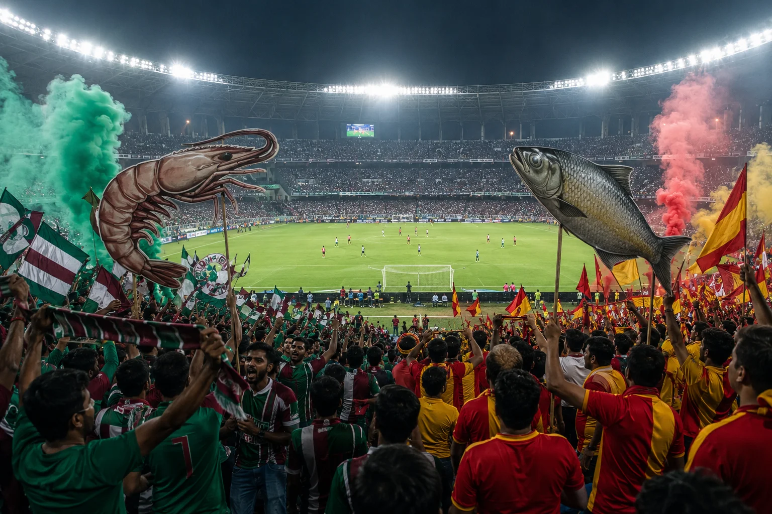 A dramatic view from amidst a divided crowd of football supporters inside a brightly lit stadium at night. On the left, fans in green and maroon hold up green smoke flares and a giant cutout of a prawn. On the right, opposing fans in red and yellow hold up red smoke flares, a yellow flag, and a giant cutout of a fish, creating a vibrant visual rivalry in front of the illuminated pitch.