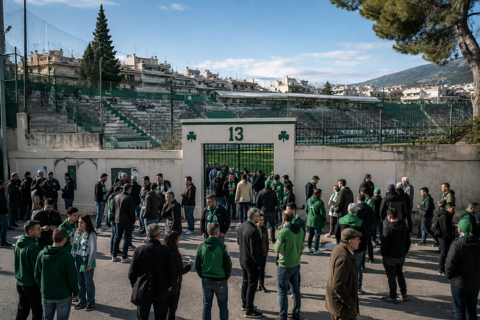A crowd of supporters in green-and-white apparel gathers outside a concrete stadium gate marked with the number "13" and shamrock symbols on either side. Fans stand around talking in a paved open area before entering through the iron gate, which opens into the green grandstands and pitch beyond. The background shows surrounding apartment buildings and a distant hillside under a bright, partly cloudy sky.