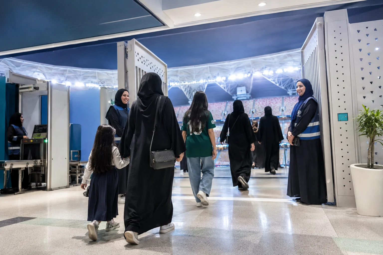 A low-angle view from inside a modern stadium concourse shows female fans and stadium security staff entering through a metal detector checkpoint. In the foreground, a woman in a black abaya holding a young child's hand walks toward the open security gates leading into the brightly lit stadium bowl. On either side, female security personnel wearing navy blue vests over black abayas smile and greet fans as they enter.