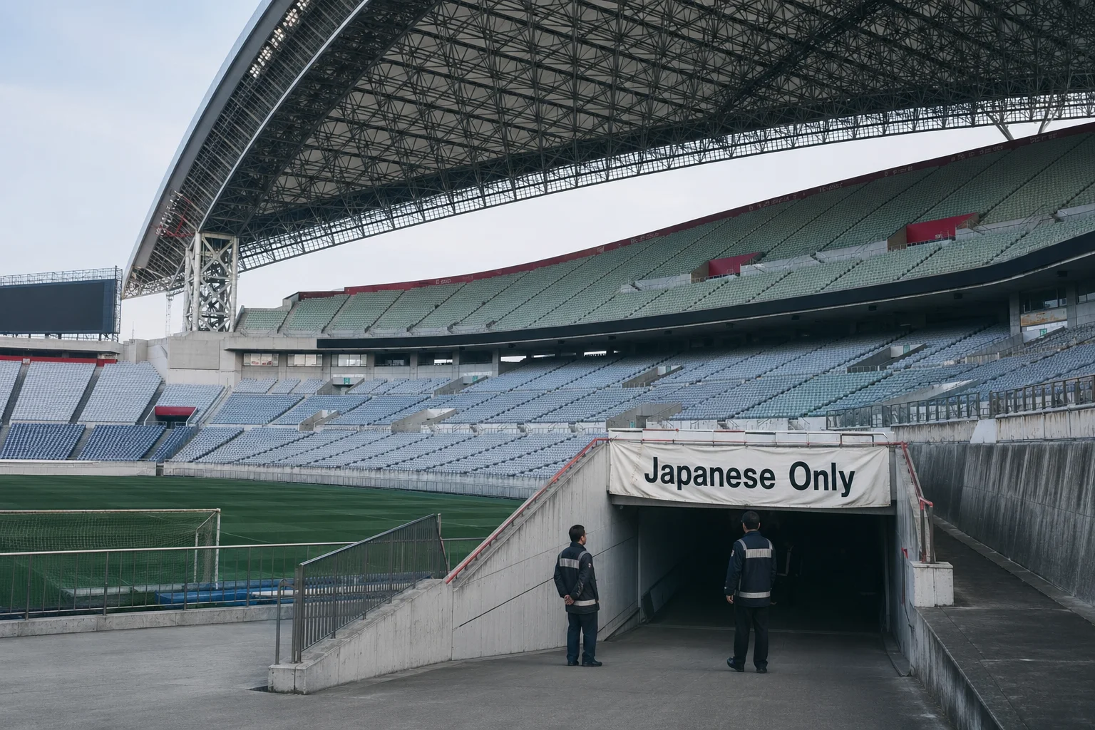 A wide shot inside a large, mostly empty football stadium featuring an expansive steel arch roof structure. Two venue staff members stand near an open concrete tunnel entrance on the concourse level, above which hangs a white banner displaying the text "Japanese Only" in bold black lettering. Rows of light blue and teal seats fill the multi-tiered grandstands behind them.