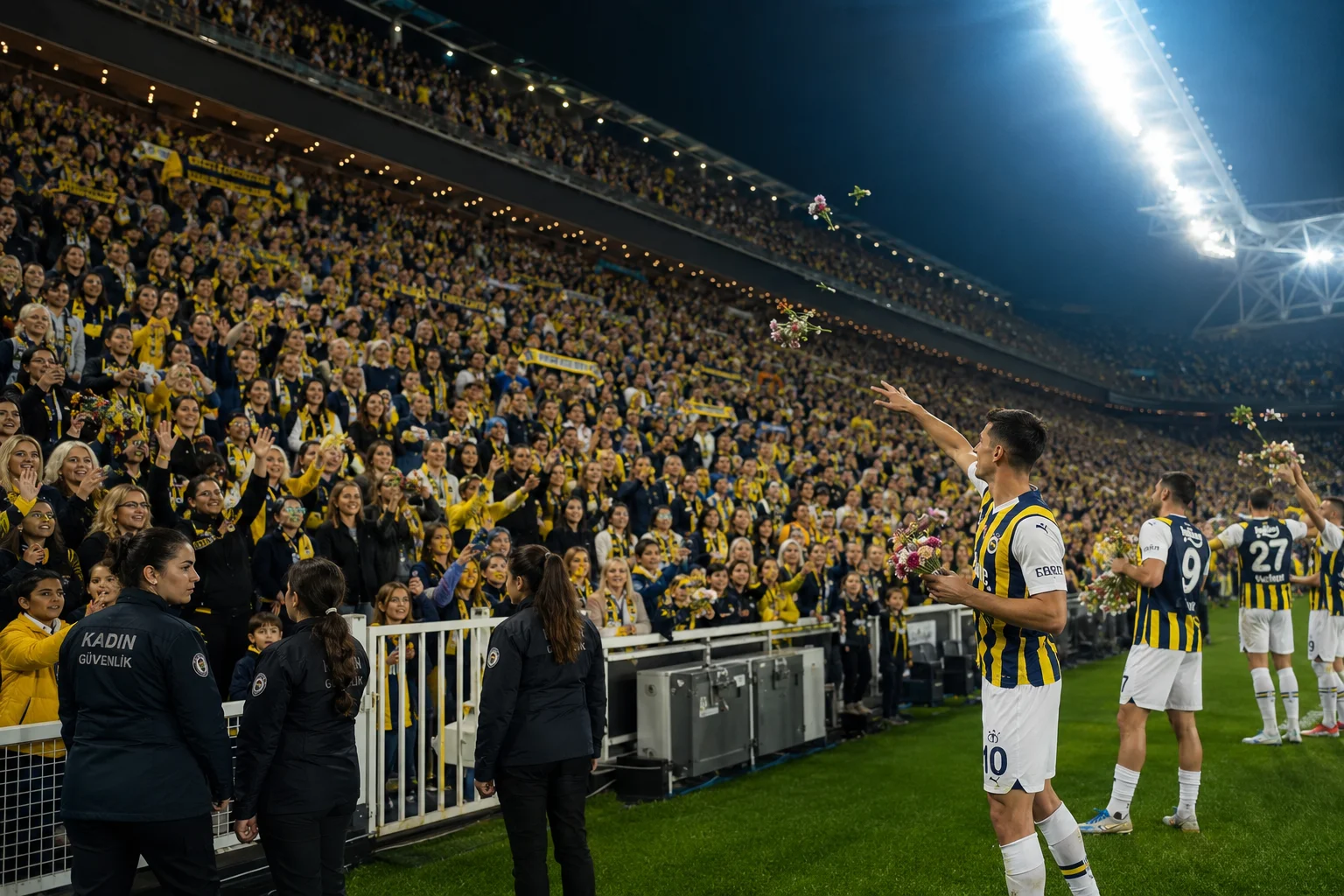 A football player in a yellow and blue striped jersey stands near the pitch barrier, tossing small bouquets of flowers into a crowd of enthusiastic female fans seated in the stadium lower bowl. Security personnel in black jackets stand near the fence, while the stands behind are packed with cheering supporters waving scarves under bright stadium floodlights.