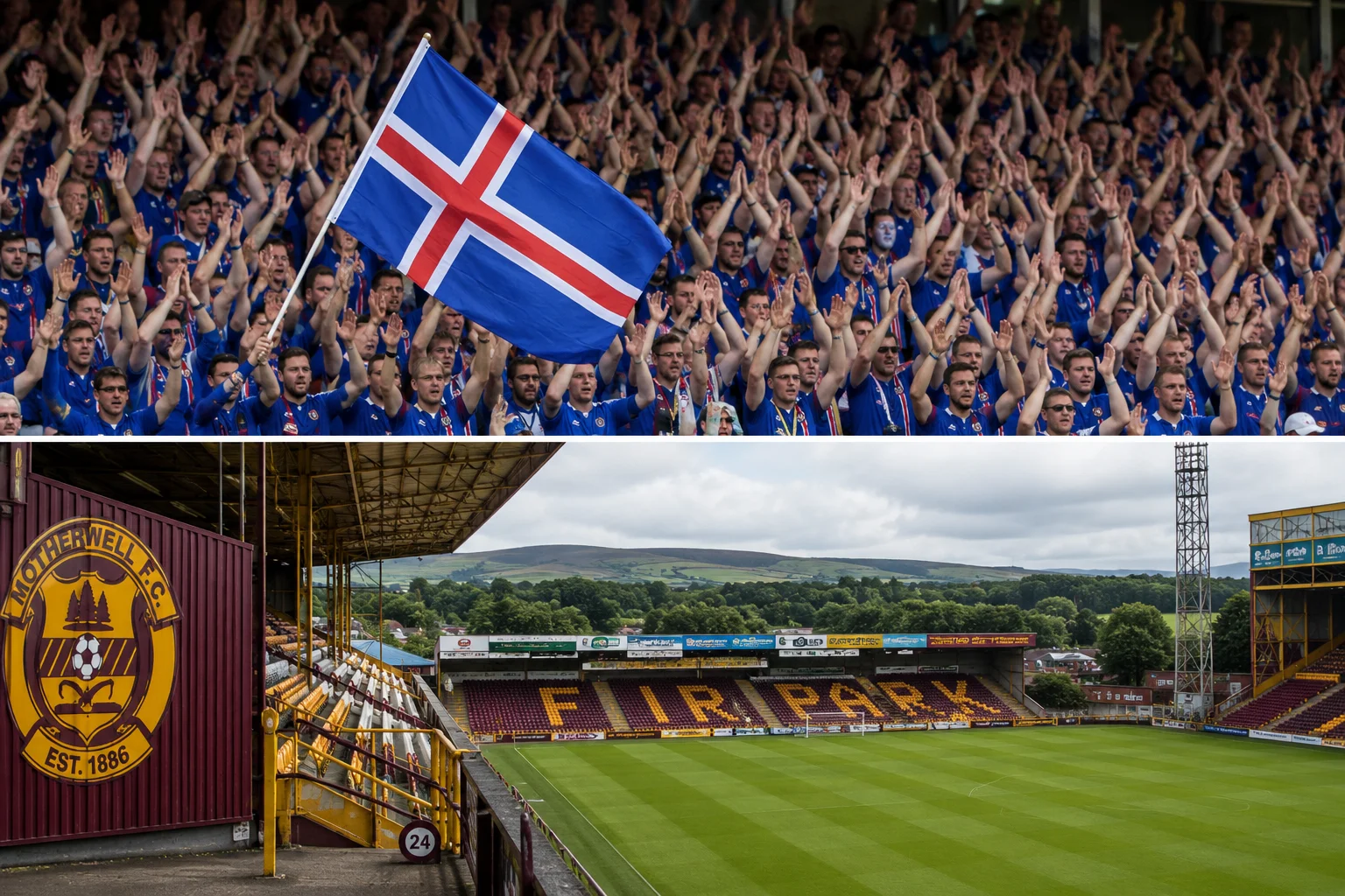 A split-screen composite image featuring fan culture and a stadium view. The top panel shows a dense crowd of football supporters in blue jerseys participating in a synchronized clap with their hands raised high, while a prominent Icelandic flag waves in the center. The bottom panel shows an empty football stadium pitch surrounded by yellow and claret seating stands, with the yellow seats spelling out "FIR PARK" opposite a Motherwell F.C. team crest on the left.